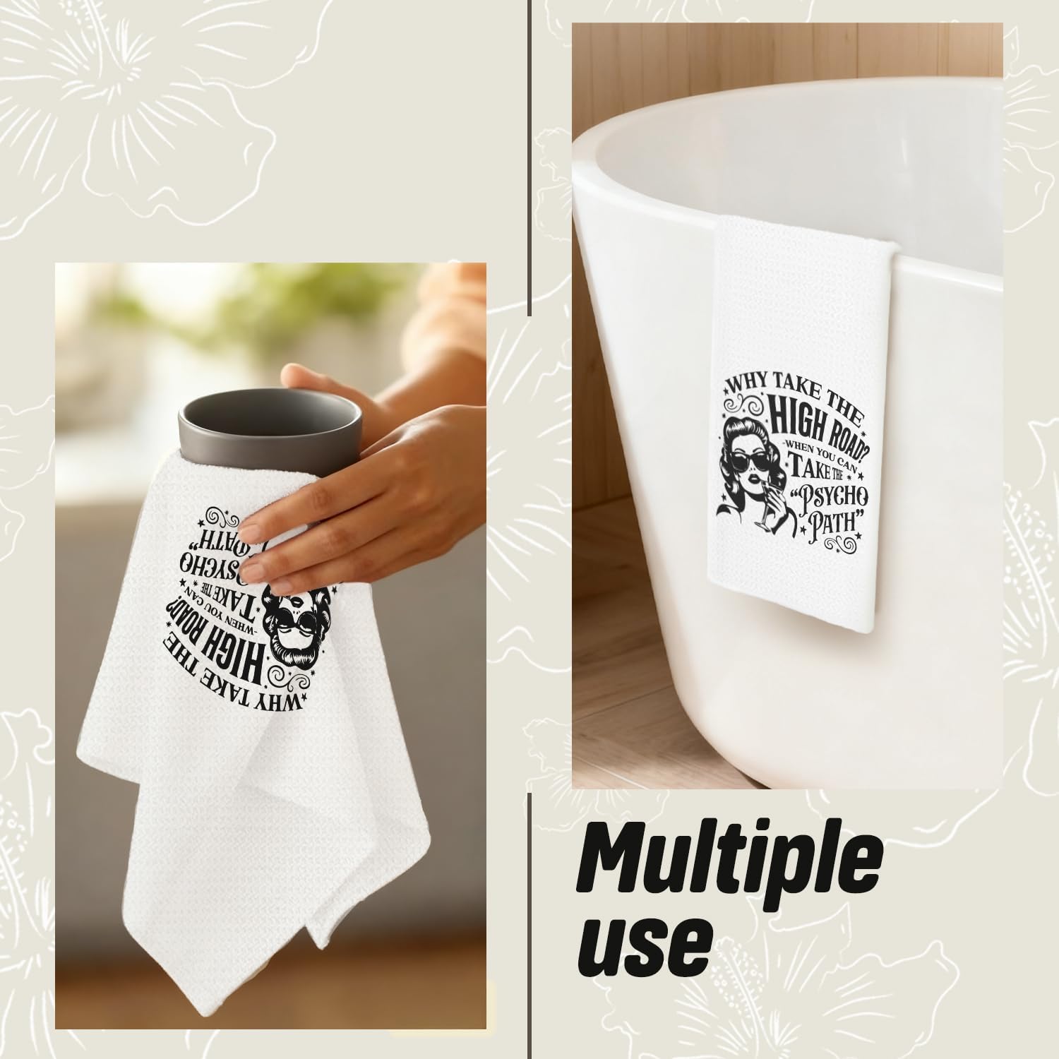 Retro Woman Funny Sarcastic Kitchen Dish Towels, Cocktail Lover Gifts, Why Take The High Road Dark Humor Decorative Hand Tea Towels for Kitchen Bar, 16x24 Inch