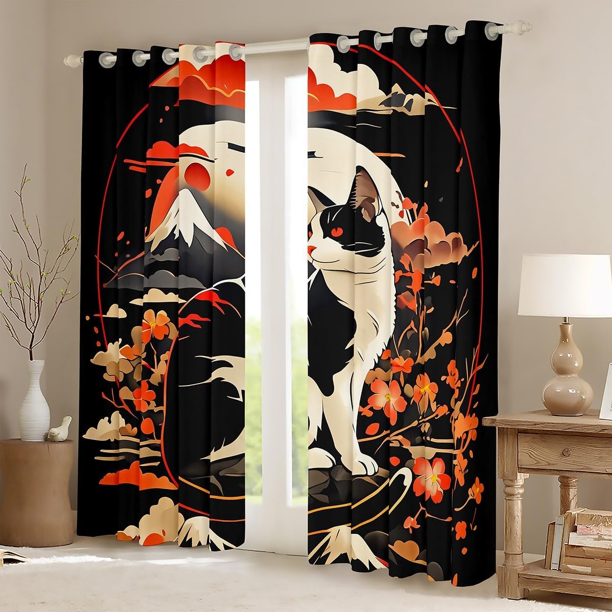 Feelyou Kawaii Cat Anime Curtains for Bedroom (2 Panels, 42 x 63 Inch) Japanese Retro Funny Cat Darkening Drapes Japanese Style Blackout Curtains Japanese Wave Sakura Flower Floral image 2