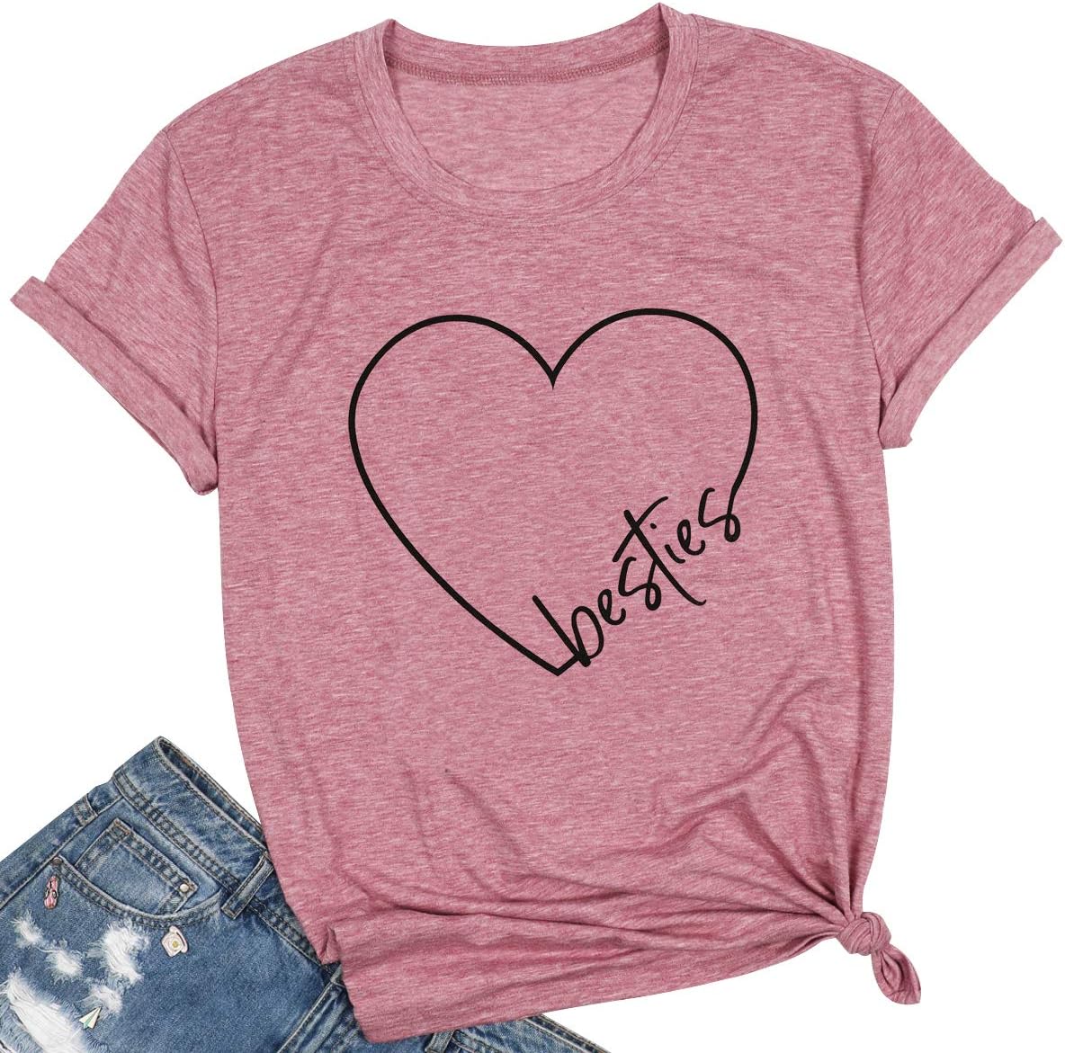 SFHFYBest Friends Shirts for Women Besties T Shirt Heart Graphic Casual Short Sleeve Tee Tops