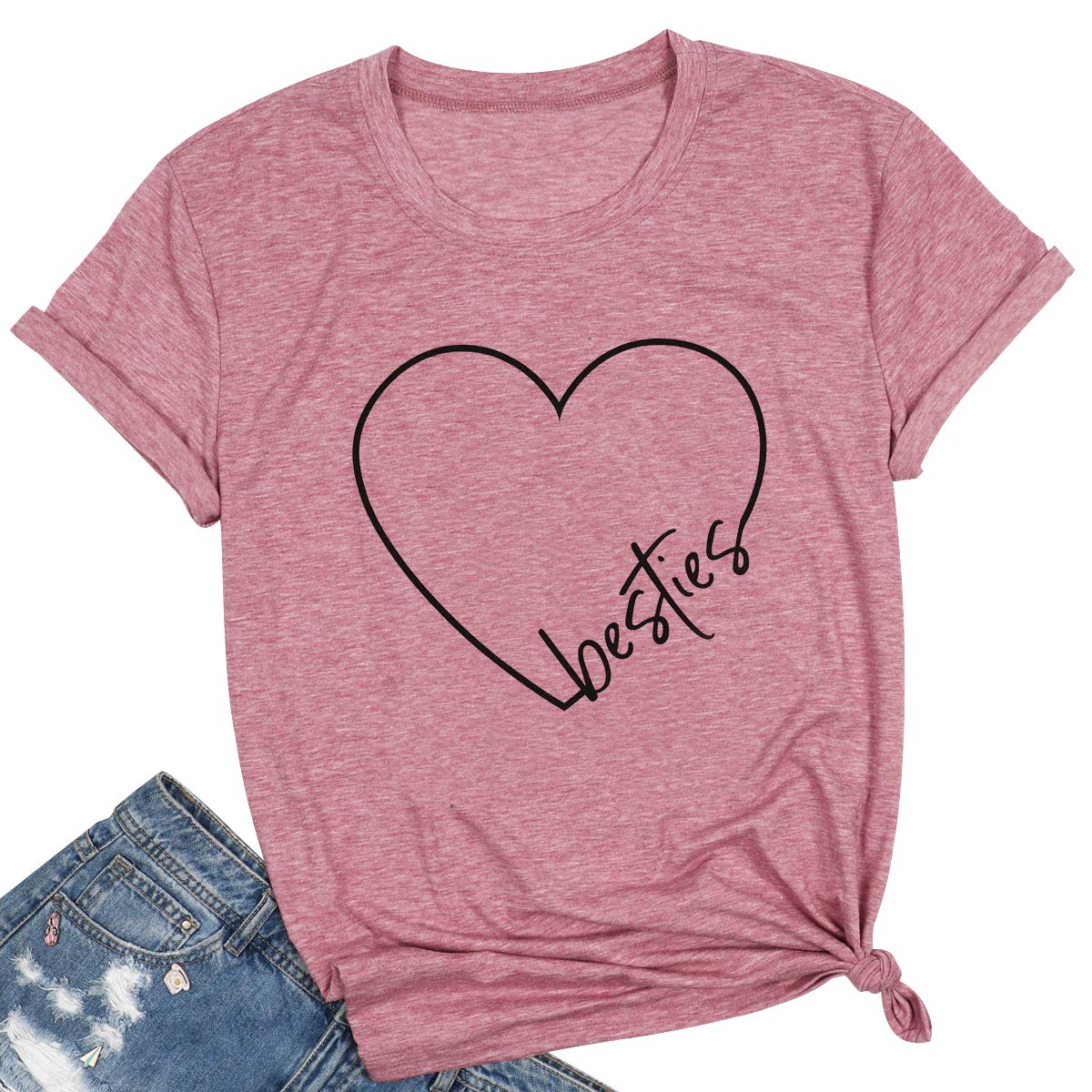 SFHFYBest Friends Shirts for Women Besties T Shirt Heart Graphic Casual Short Sleeve Tee Tops