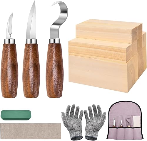 Kit de tallado de madera, kit de tallado para principiantes, kit de madera ancha para cortar - Juego de cuchillos para tallar con 8 bloques de