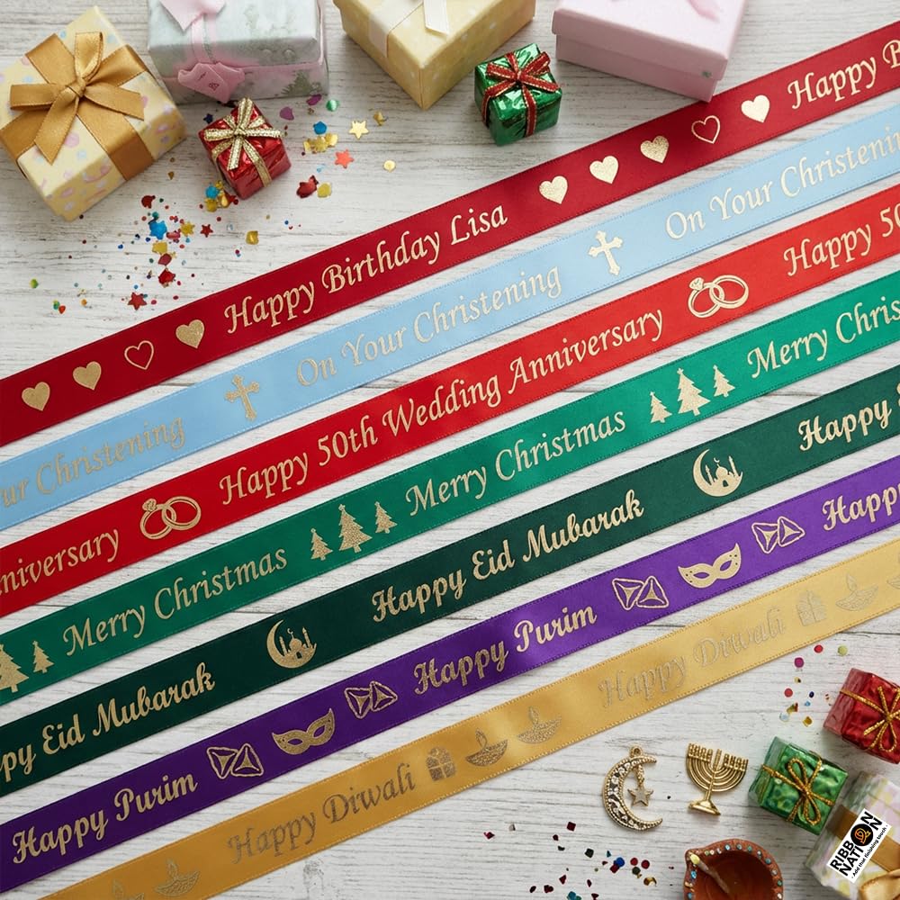 10mm Luxury Personalised Ribbon - Ideal for Weddings, Birthdays, Christmas, Business, & More. Various Lengths & Colours. Available in 15mm, 25mm, 38mm, 48mm
