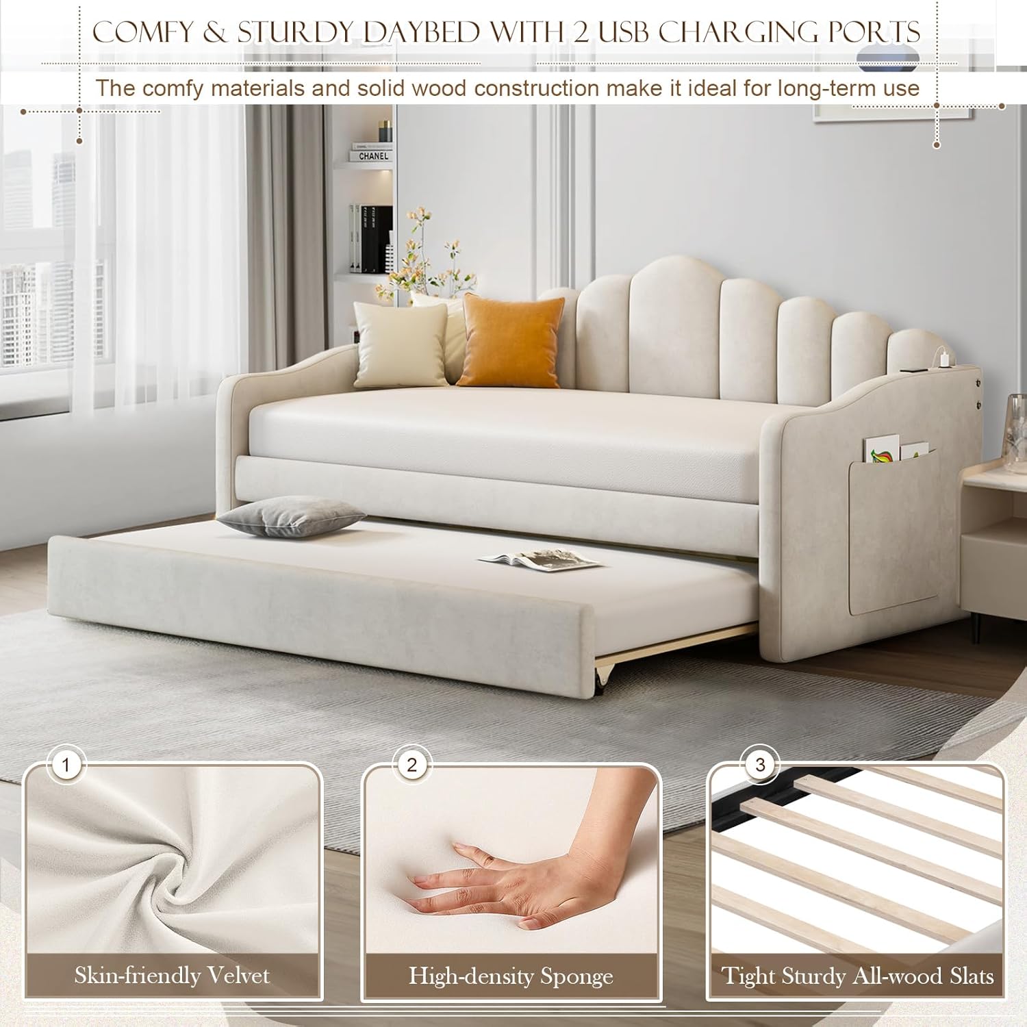 KINFFICT Twin Size Daybed with Trundle, Velvet Day Bed Frame with 2 USB Charging Ports, No Box Spring Needed, Modern Upholstered Sofa Bed with Roll-Out Trundle for Bedroom, Living Room, Guest Room