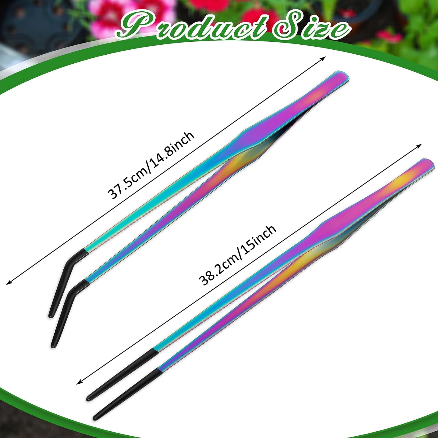 Lasnten 2 Pcs Extra Long Stainless Steel Reptile Feeding Tongs with Rubber Tip 15 Inch Bearded Dragon Aquarium Straight and Curved Long Tweezer Terrarium Feeder Tool for Tank (Colorful) image 2