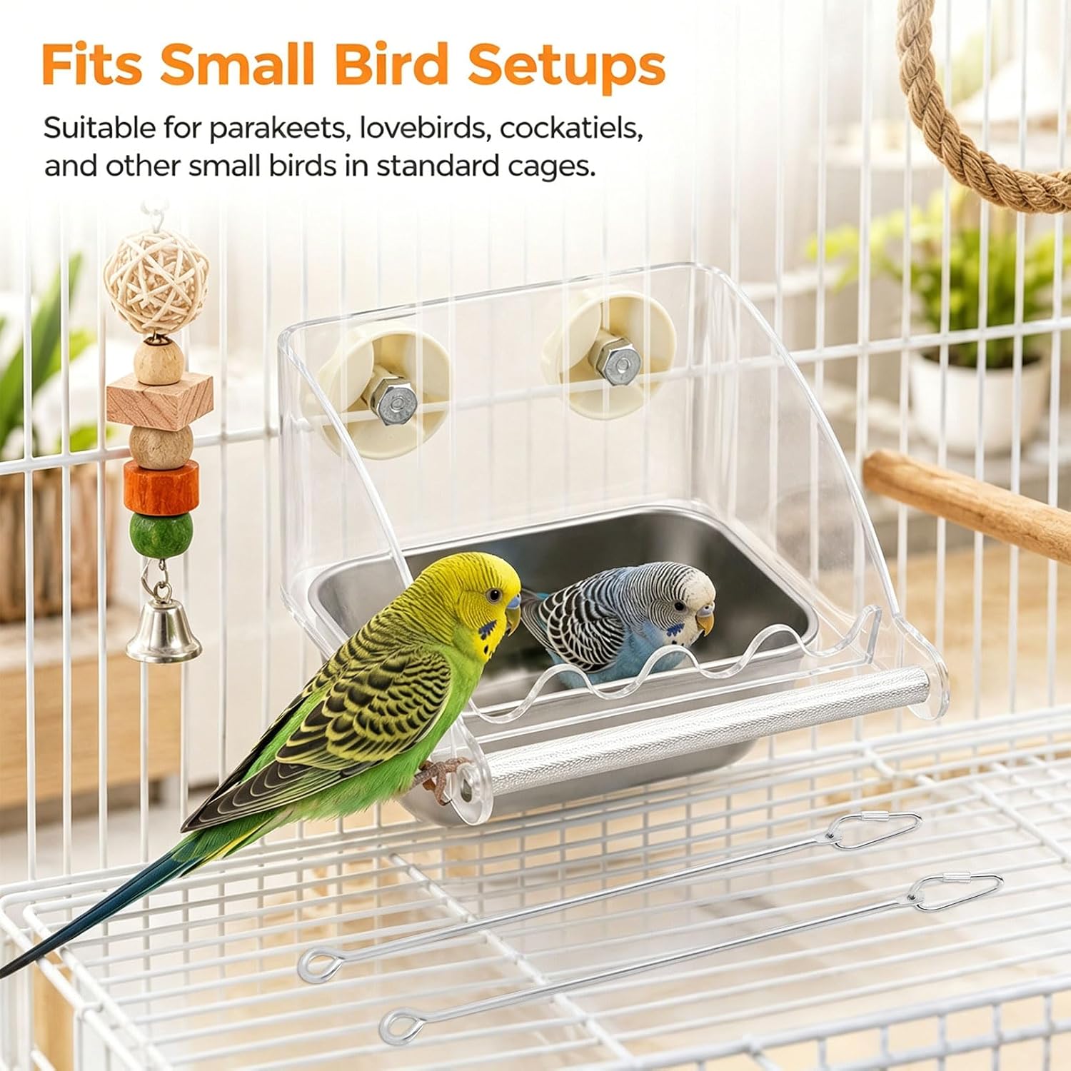 Clear Window Bird Feeder for Cage, Outdoor Viewing Birdfeeder with Fruit Skewer Foraging Toy, Stainless Steel Birds Feeder Bowls for Parrots Budgies Lovebirds Cockatiels Conures