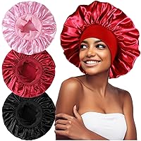 Vista 7 de 3 piezas de gorros de satén extra grandes para dormir, gorros para cabello trenzado de mujeres negras con cabello rizado, C C-negro