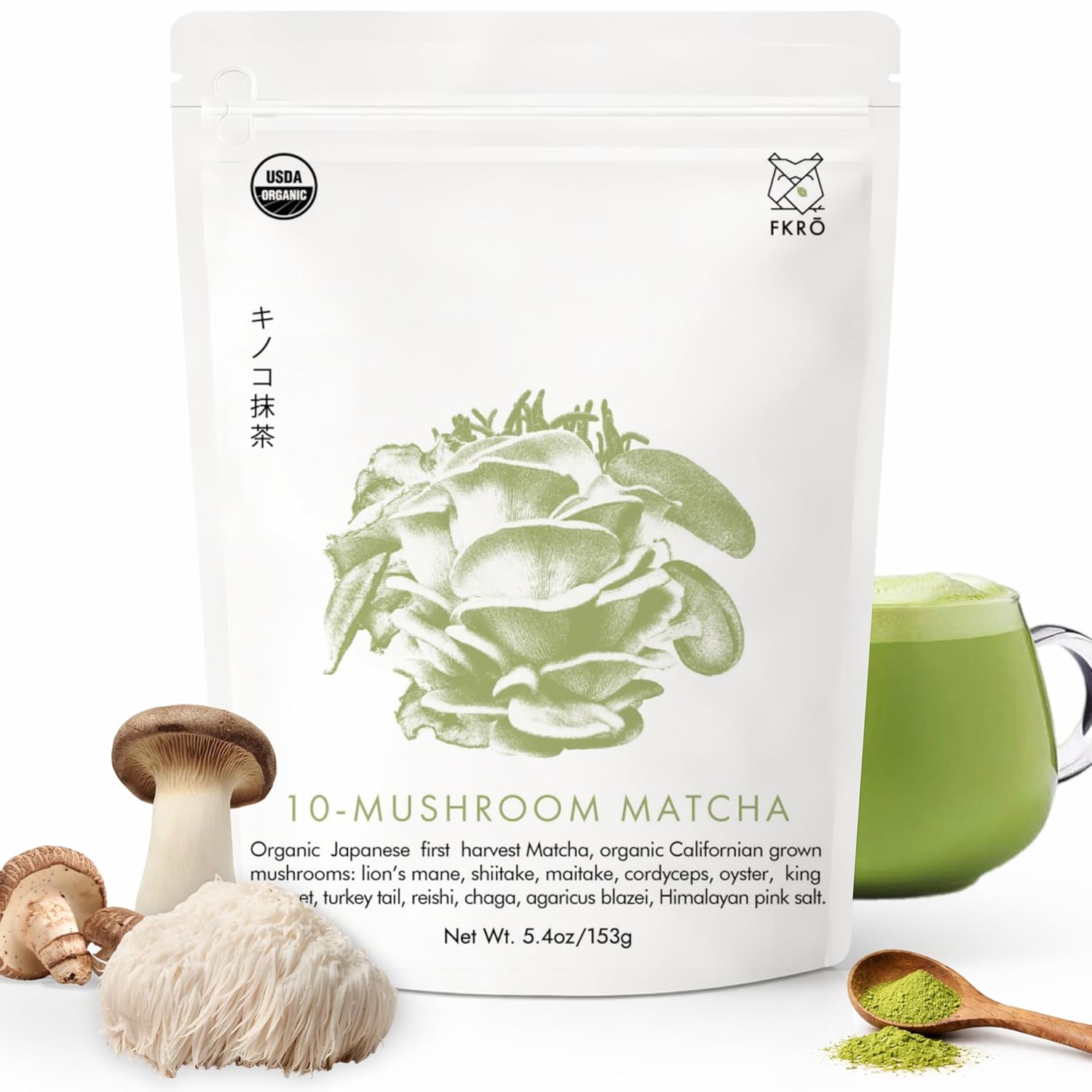 FKRO Organic Mushroom Matcha Powder | Adaptogenic Mushroom Matcha with Lion’s Mane, Reishi, Cordyceps & Chaga | 10 Functional Mushrooms + Japanese Matcha Green Tea Powder | Energy, Focus & Immune Support | 30 Servings (153g / 5.4oz)