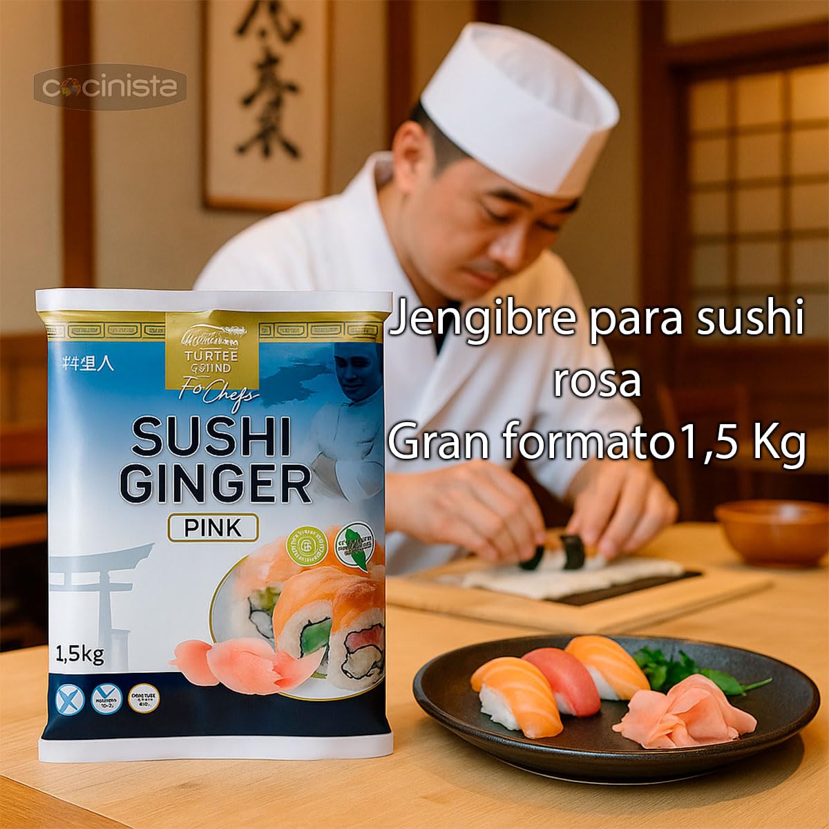 Gari encurtido rosa para sushi 1,5 kg hostelería láminas finas agridulces