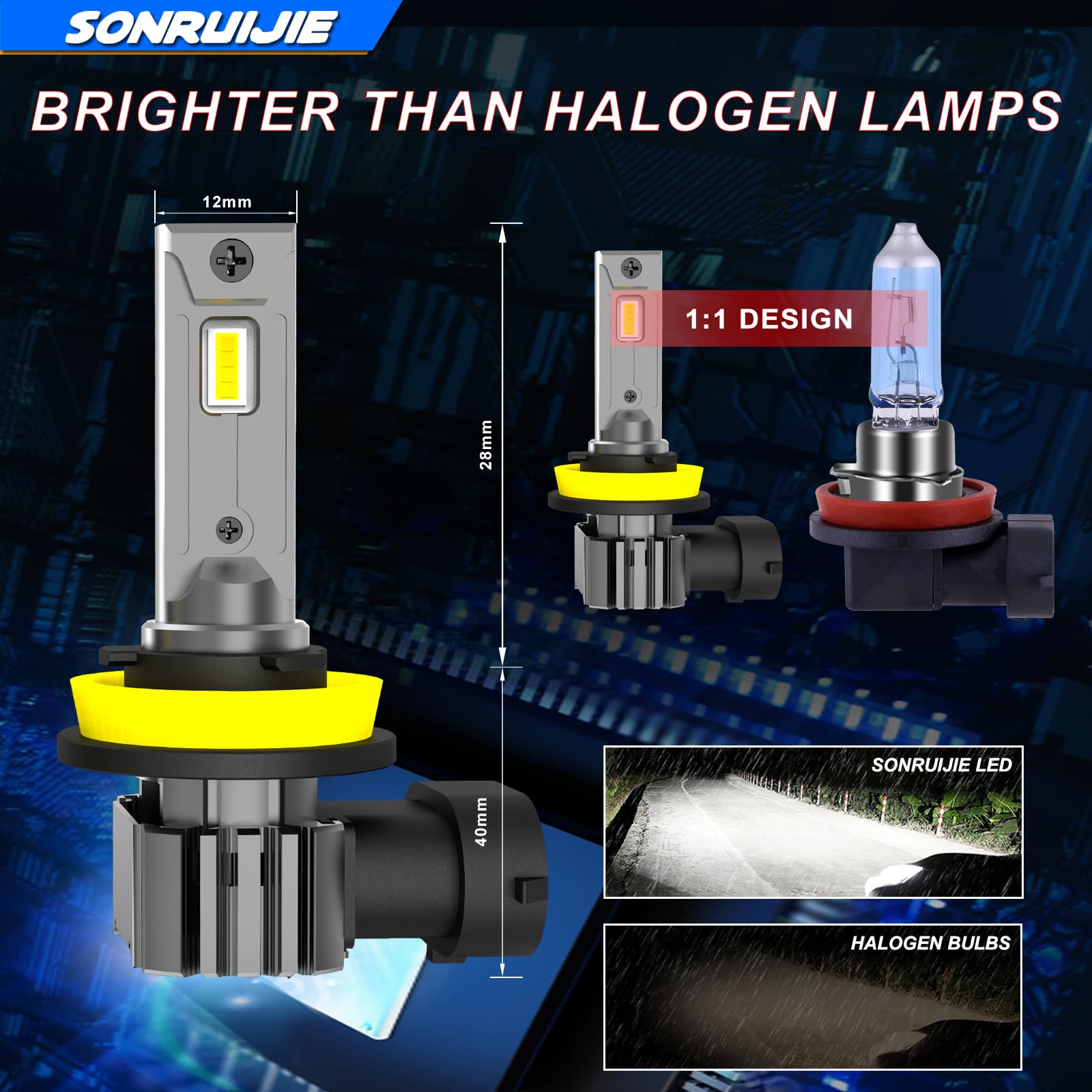 Lampadina H8 H9 H11 LED Canbus,100W 16000LM 6000K 600% Brillante, 1:1 Design di Ricambio Lampada Alogena,Plug and Play,2 pezzi