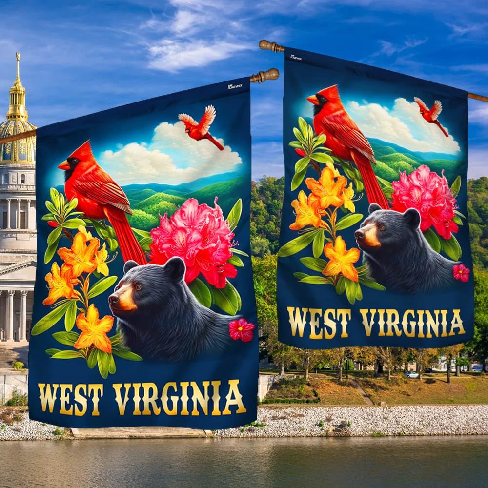American Flag-West Virginia Black Bear and Cardinal and Rhododendron Flower Flag MLN2996F, Garden Flag (11.5" x 17.5")-USA Flags Premium Polyester-Decorative Indoor Outdoor Flag