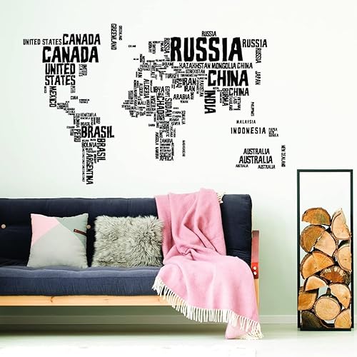 World Map Vinyl Wall Sticker - Country Name Word Kid Large Art Decor Decal - Peel And Stick Globe Explore Playroom Fun Mural - Map Sticker (31'' x