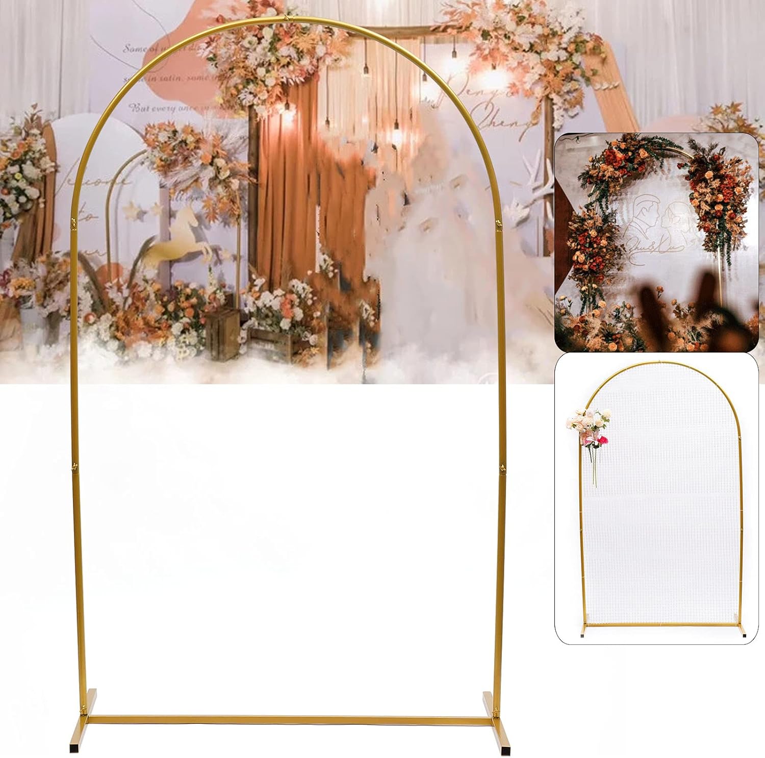 CNCEST Gold Mesh Metal Wedding Arch Artificial Flower Arch Decor Metal Wedding Archway Wrought Iron Backdrop Frame for Wedding Party Home Decoration (Gold-2x1.2m)
