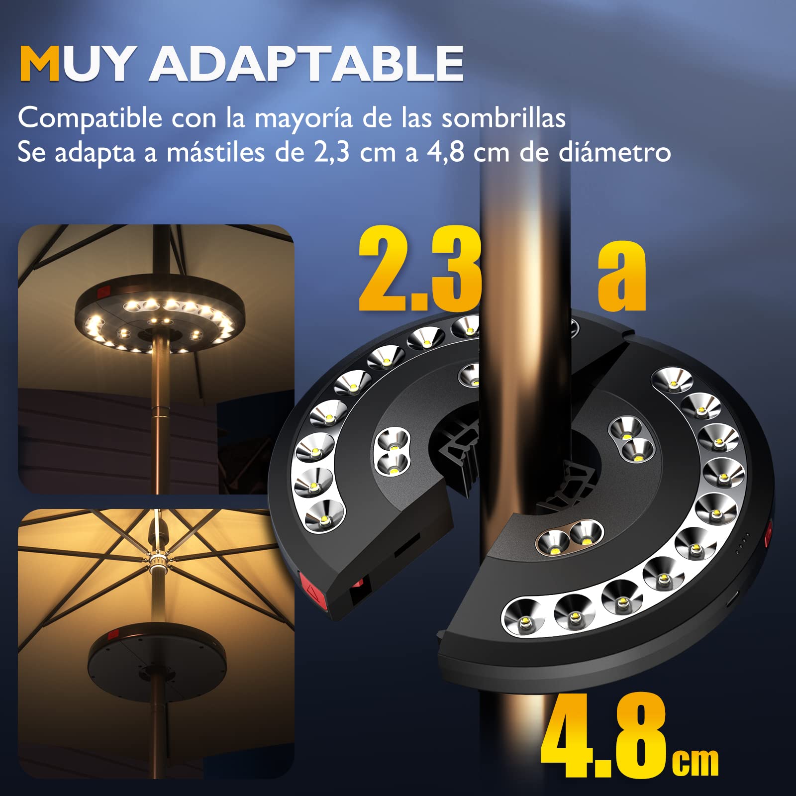 Luces para Sombrillas, Eletorot Luz Sombrilla Exterior 3 Modos de Iluminación USB Recargable Lámpara Paraguas Para Piscina, Patio, Terraza, Jardín y Playa