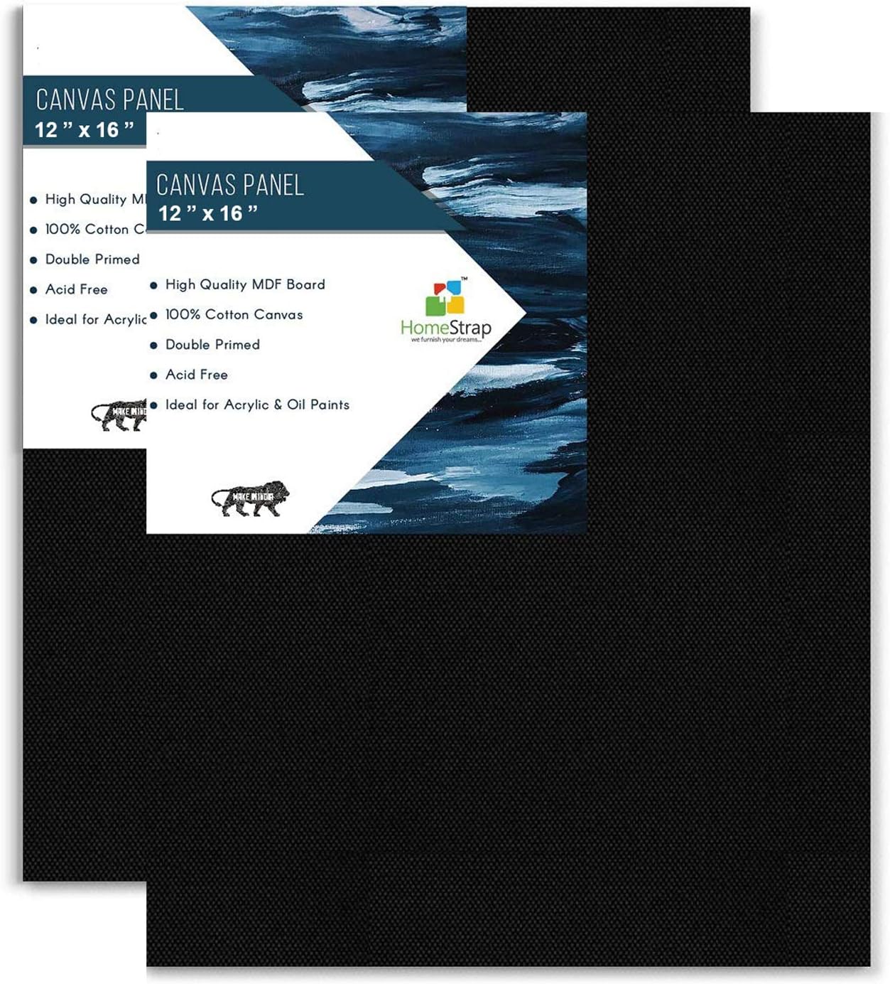 Homestrap Cotton Canvas Board Medium Grain 12 X 16 Inch - Pack of 2 - Black(Featured on Shark Tank)