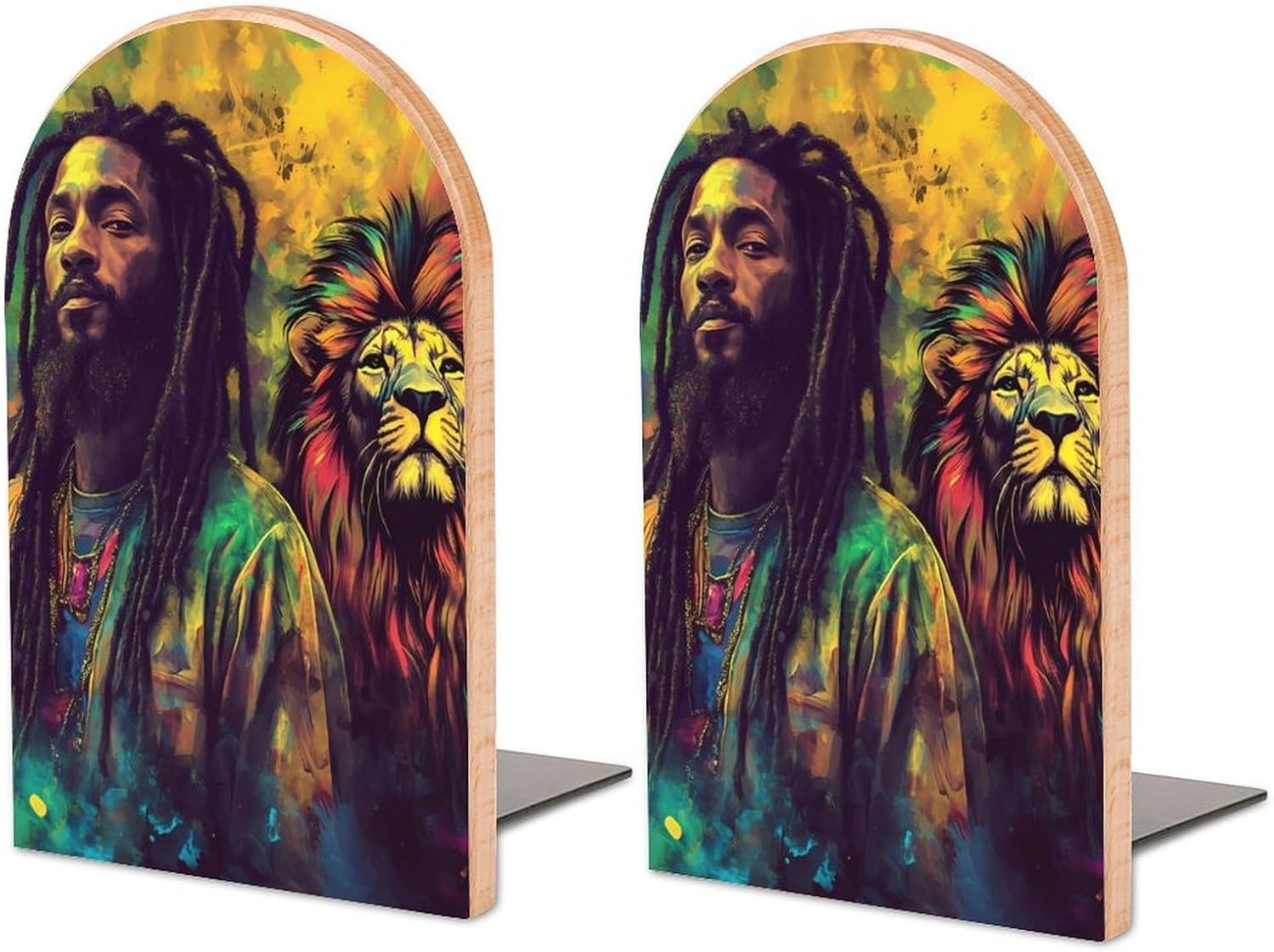 Jamaican Rasta Lion Cute Wood Book Ends Decorative Bookends 1 Pair Non-Skid for Shelves Home Office 7 X 5 Inch