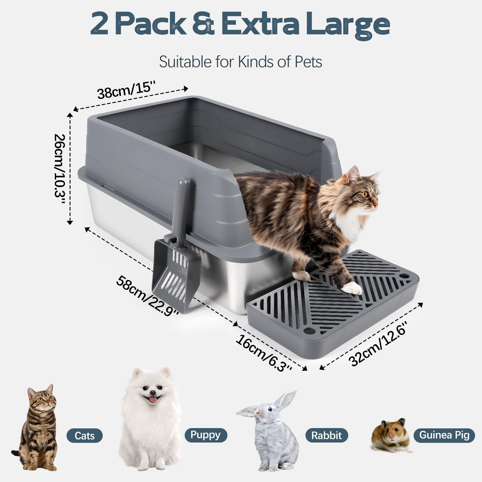 Lettiera per gatti in acciaio inox con paletta, 2 confezioni di vaschetta per lettiere con lati alti, anti-schizzi, non appiccicosa, facile da pulire(Grigio scuro&Grigio chiaro)