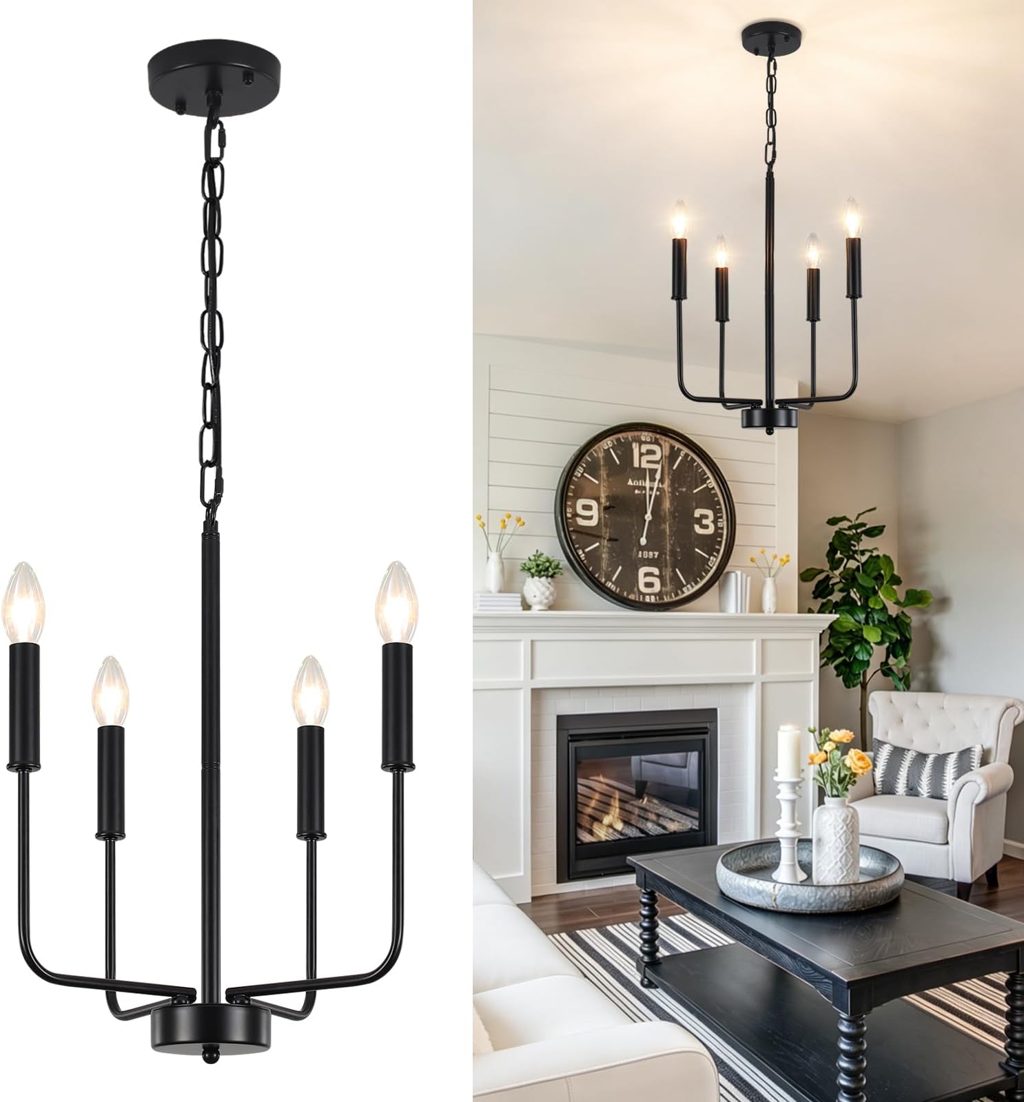 Black Chandeliers Ceiling Lights Living Room, 4 Lights Pendant Light Fitting Industrial Ceiling Lighting for Kitchen Dining Room Bedroom Hall, Height Adjustment, E14 Bulbs (Exclude)