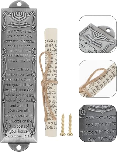 Miniatura 5 de 3 piezas de mezuzá para puerta, placa de bendición con letras de mezuzá para puerta delantera con poste de puerta de metal de desplazamiento para