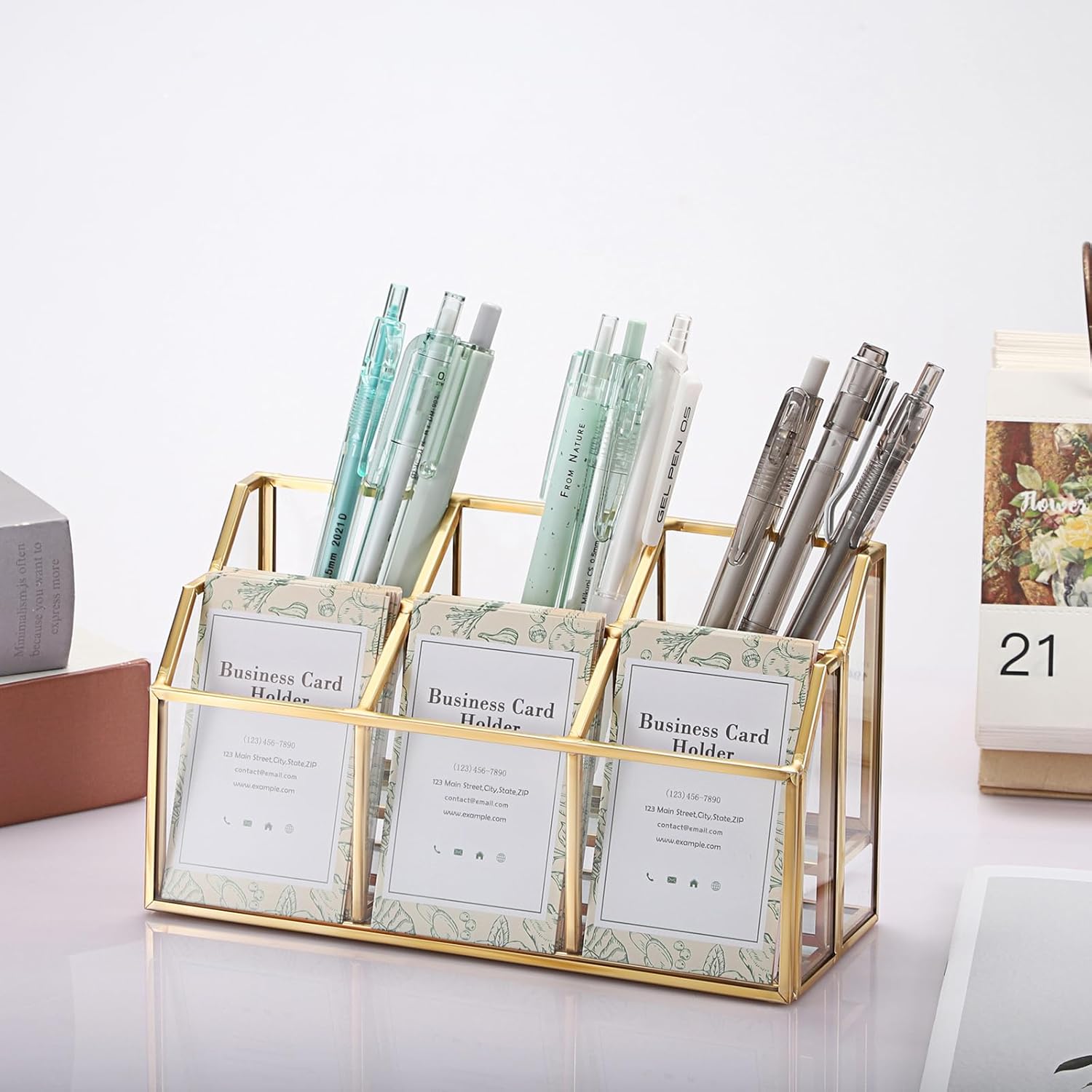 Hipiwe Business Card Display Stand Vertical Gold Name Card Holder with Mirror Metal Glass Desktop Organizer for Office Exhibition, 2 Layers 6 Slots