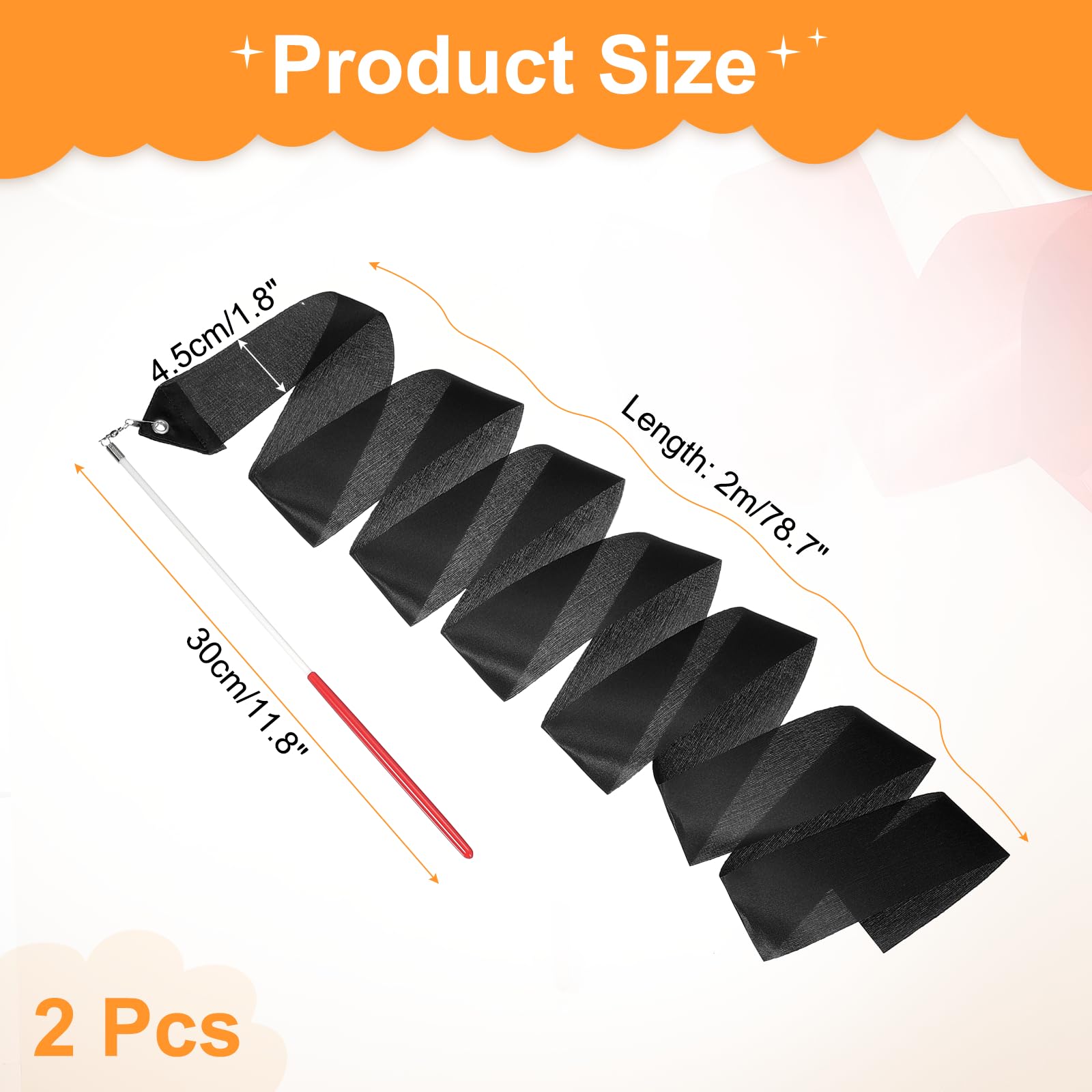 QUARKZMAN 2 Pcs Rubans De Danse, 78.7" Rubans De Gymnastique Rythmique Streamers pour Danseurs Wand Rubans Tournoyants pour Danse Artistique Entrainement De Gymnastique, Black