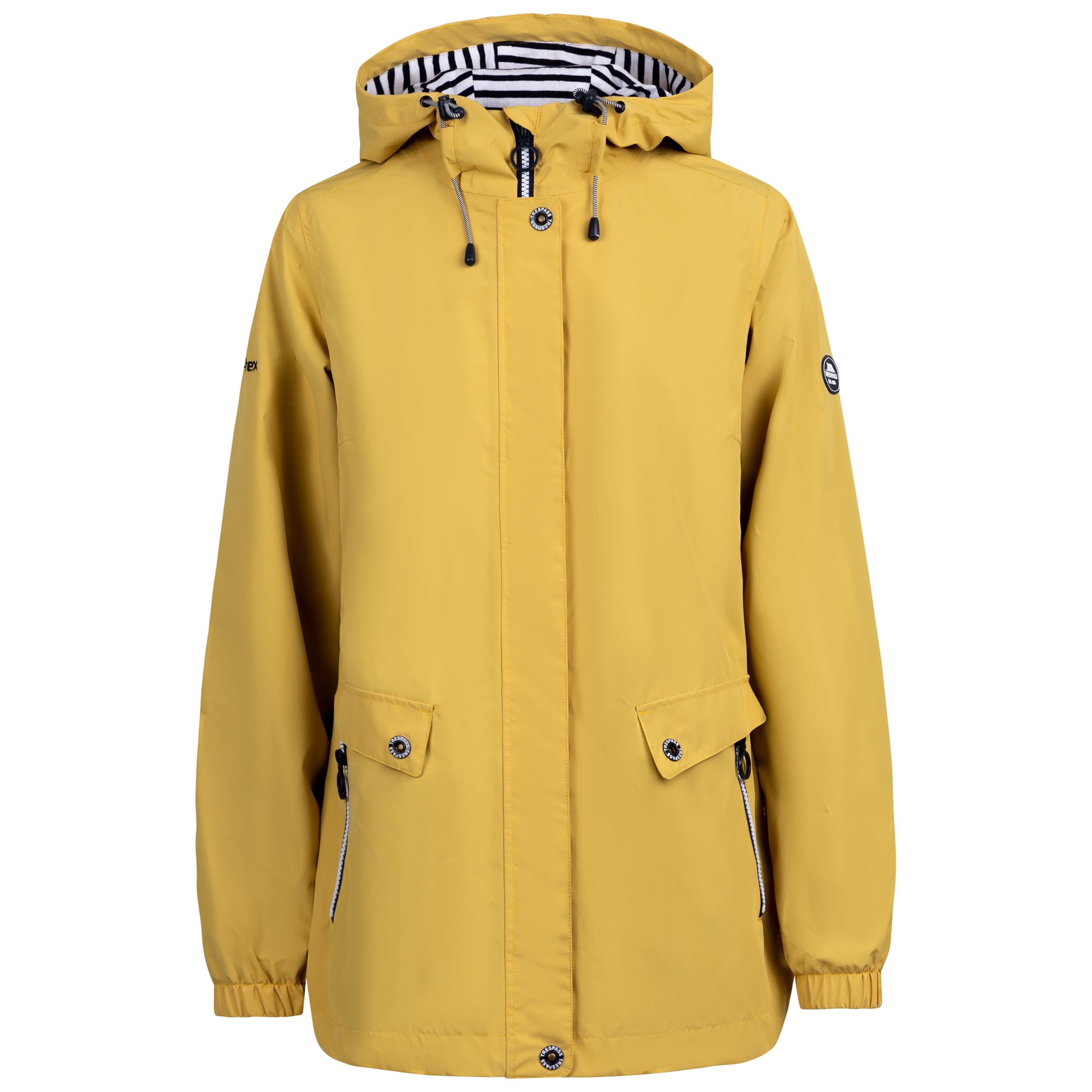 Trespass Womens Waterproof Jacket Flourish C-Taffeta Lining, Striped Jersey Lined Adjustable Hood, 2 Zip Pockets, Adjustable Back Waist, Curved Hem, Elasticated Cuffs, Contrast Trims, Bust Darts