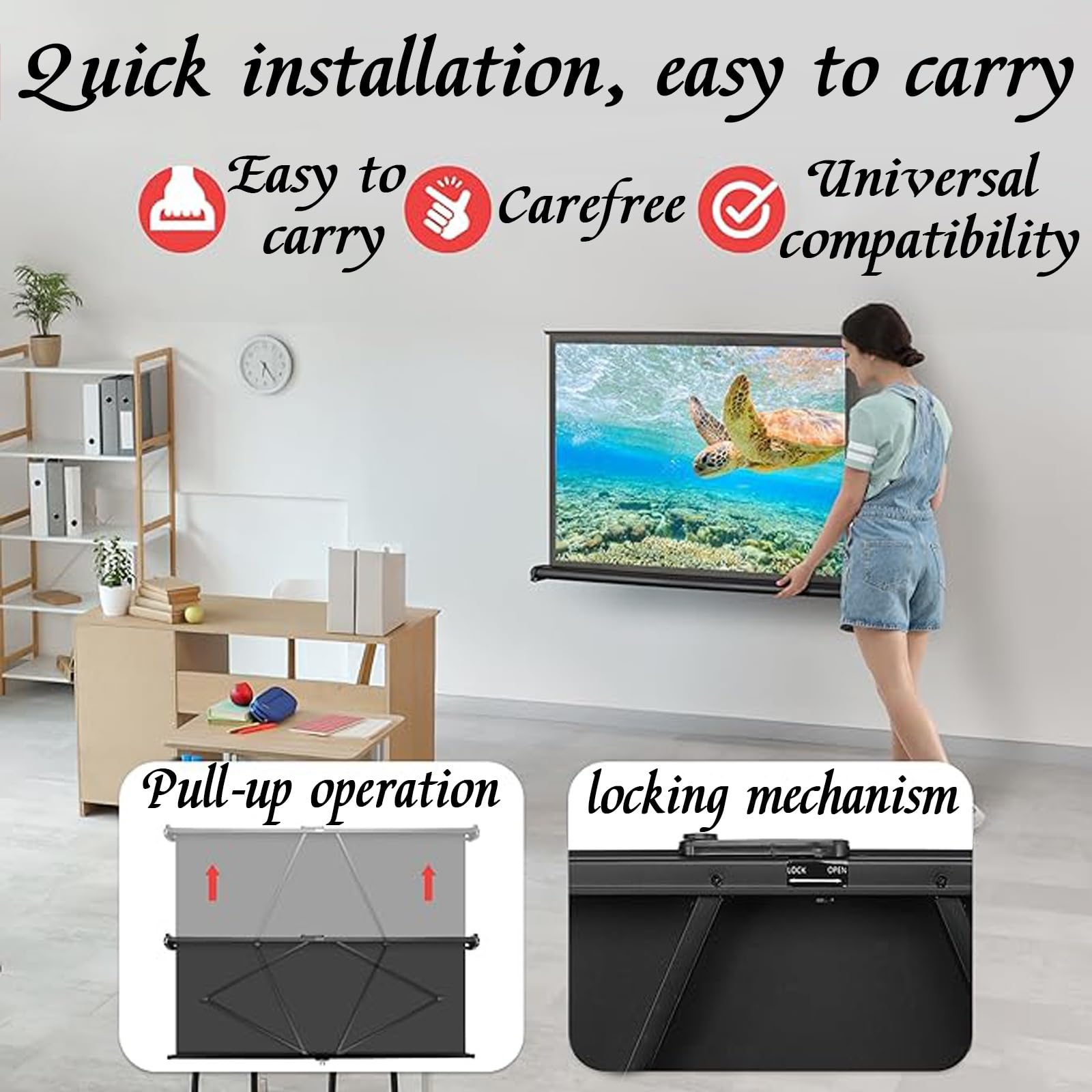 Schermo di proiezione 30/40/50 pollici Full HD 4K gigante, Schermo per Proiettore Avvolgibile Manuale, Facile da Arrotolare, Tela portatile per presentazione e proiettore home theater.(40in/16:9)