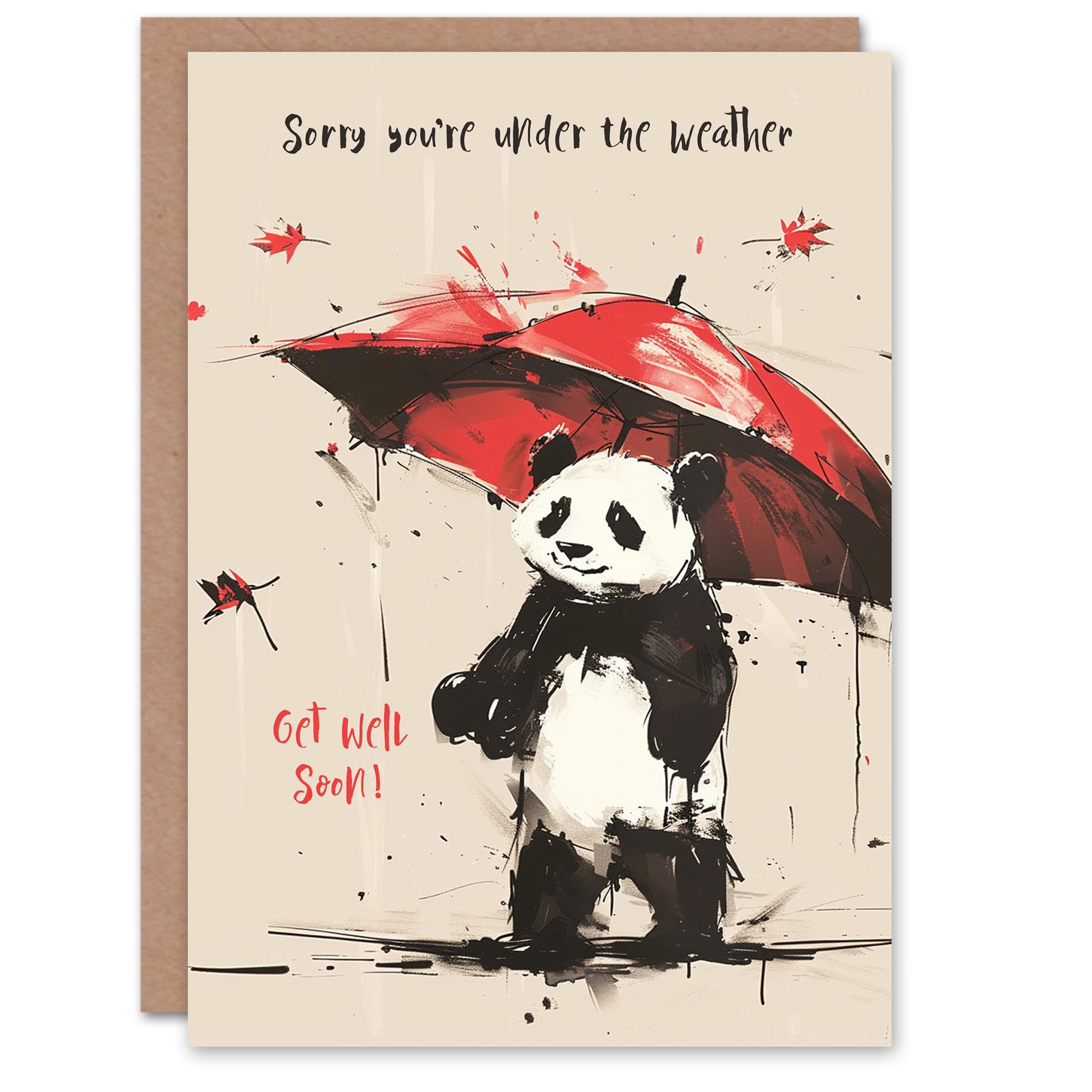 Artery8 Get Well Card Cute Panda with Red Umbrella Autumn Weather For Her Gran Sister Niece Daughter Wife Woman Greeting Card