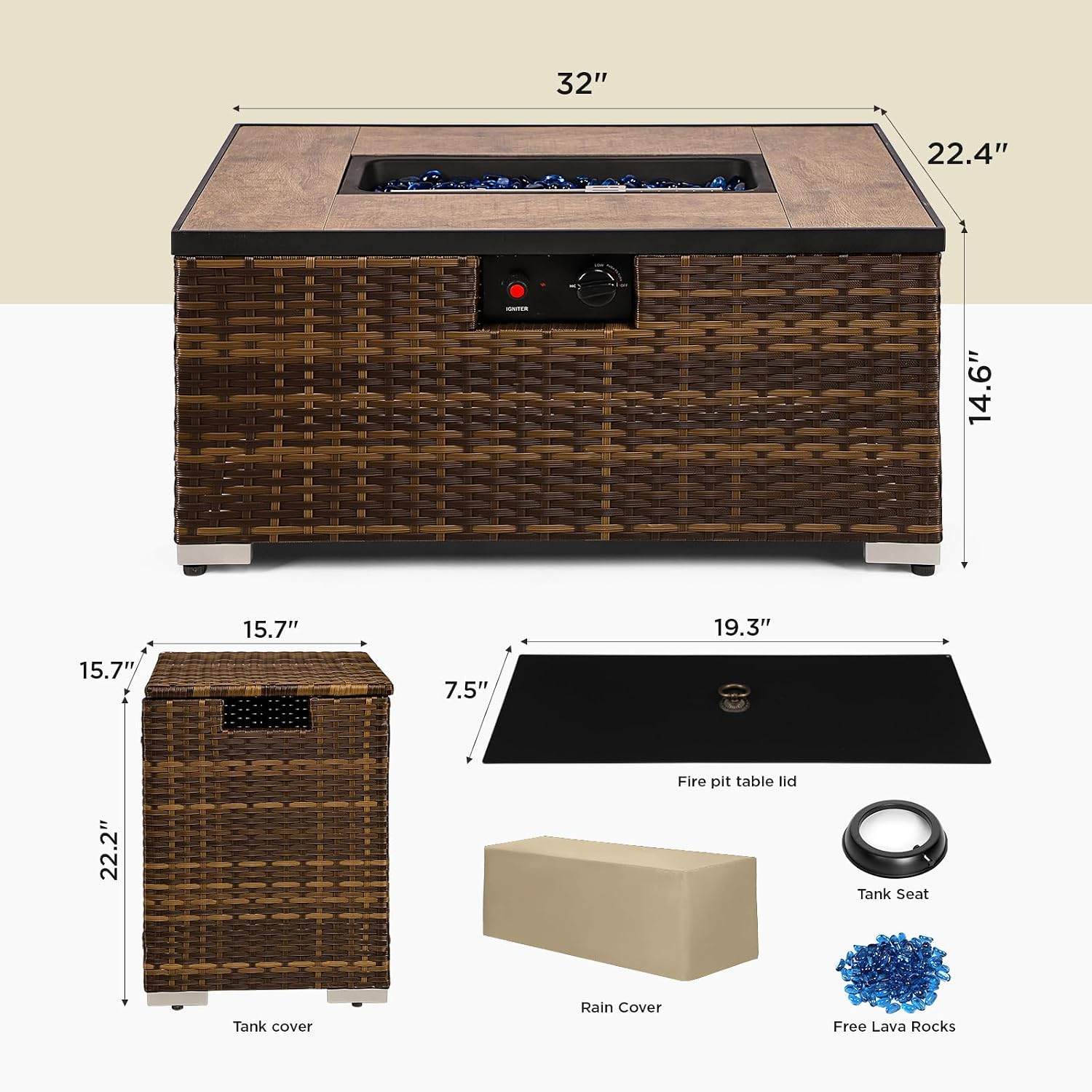 2-Piece Outdoor Propane Fire Pit Table w/Tank Holder, 32inch Handmade Rattan Wicker Firepit Ceramic Tabletop with Steel Lid 40,000 BTU Rectangle Fire Table Set for Patio, Deck, Backyard (Brown)