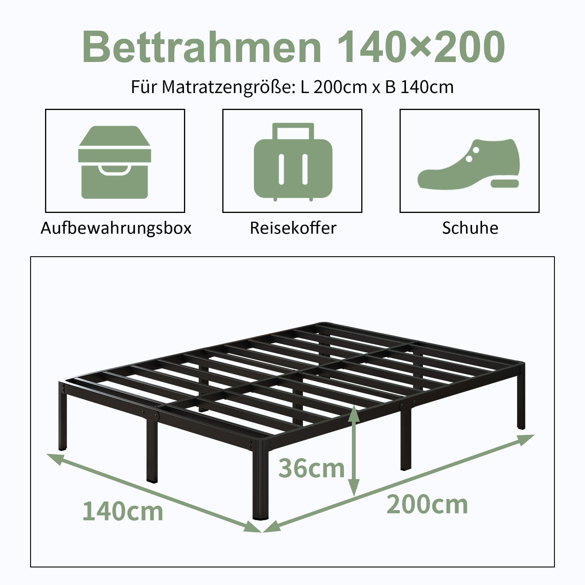 Lutown-Teen Metallbett 140x200 cm mit Rundes Beine, 36cm Höhe Jugendbett Bettrahmen mit Metall Lattenrost, Schwarz