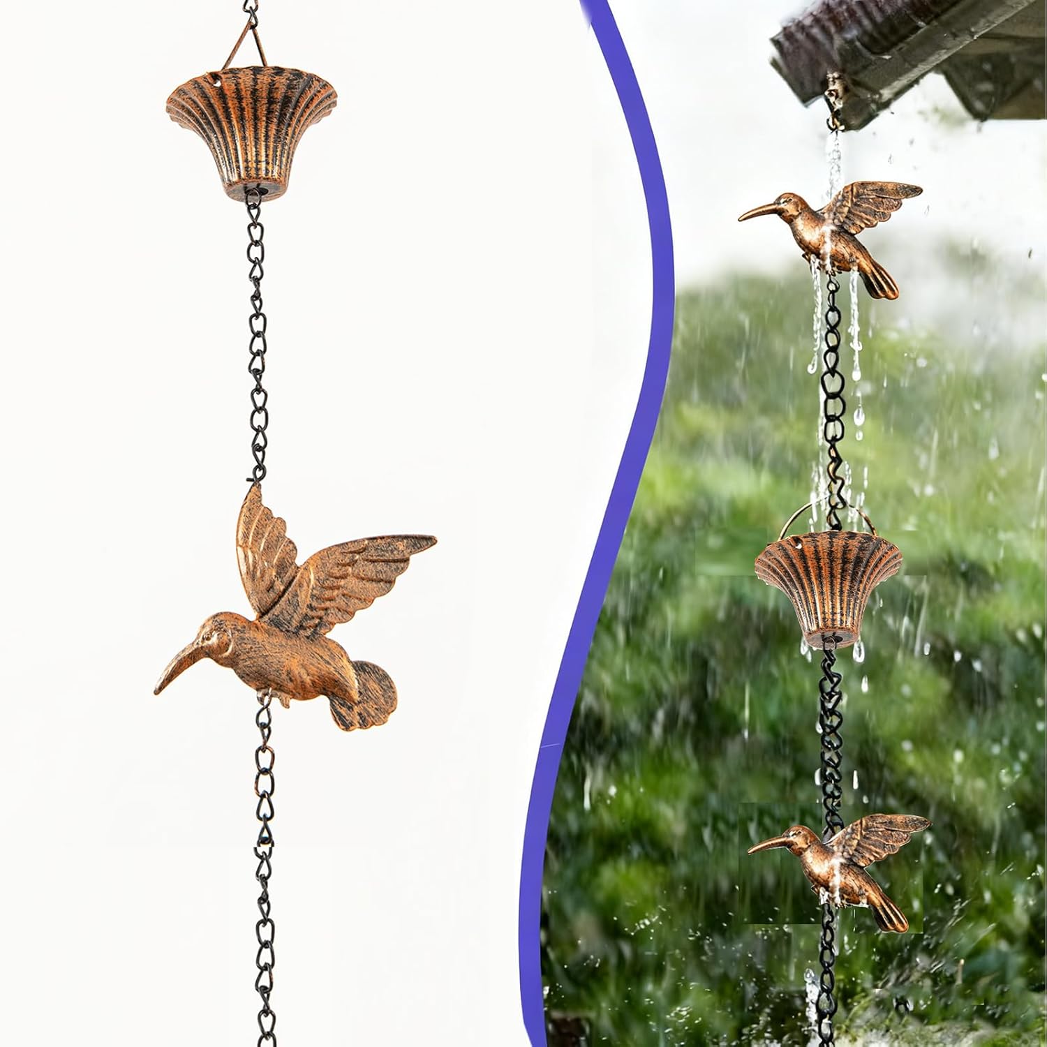8.5FT Rain Chain for Gutters, Rain Chains for Outside with 7 Cups + 7 Birds, Rustproof Rain Catcher Chain, Replacement for Downspout (Brown Bird)