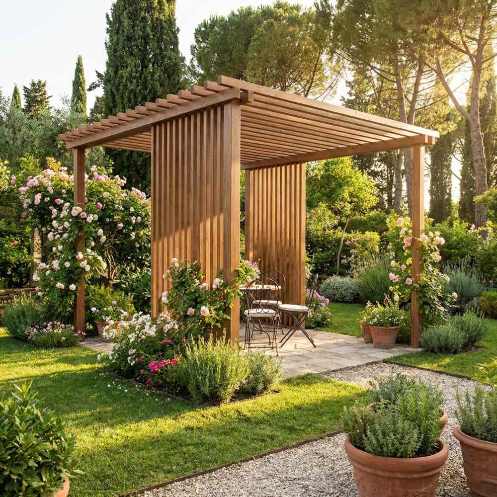 Sunwood Pergola Wyspa Deluxe z drewna sosnowego Bilama z wbudowaną frędzlą, wolnostojąca rama do ogrodu i tarasu (300 x 300 cm)