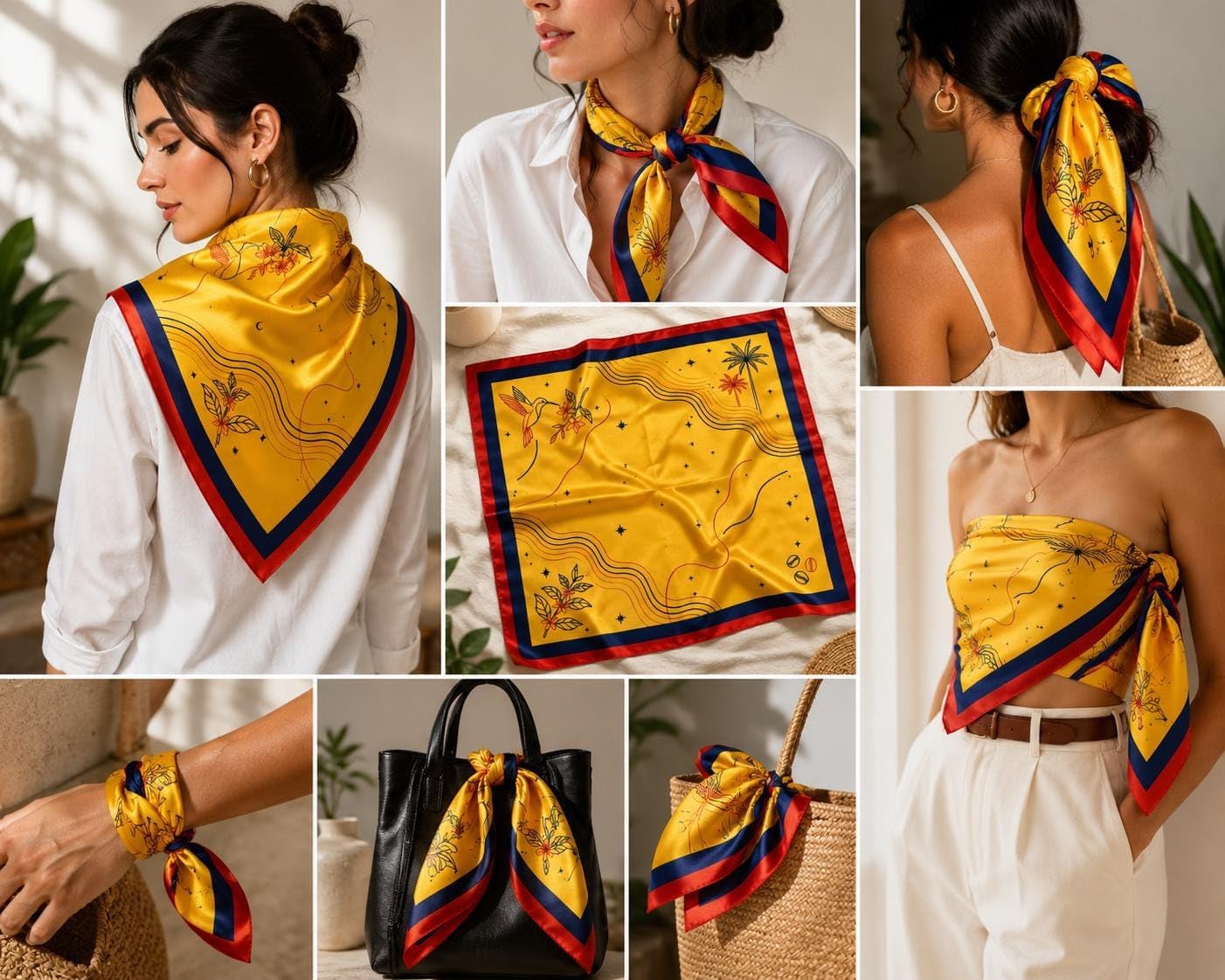 Colombia Satin Hair Scarf for Women, Colombian Bandana Square Head Wrap, Neck Scarf for Hair or Bag, Heritage Festival Outfit