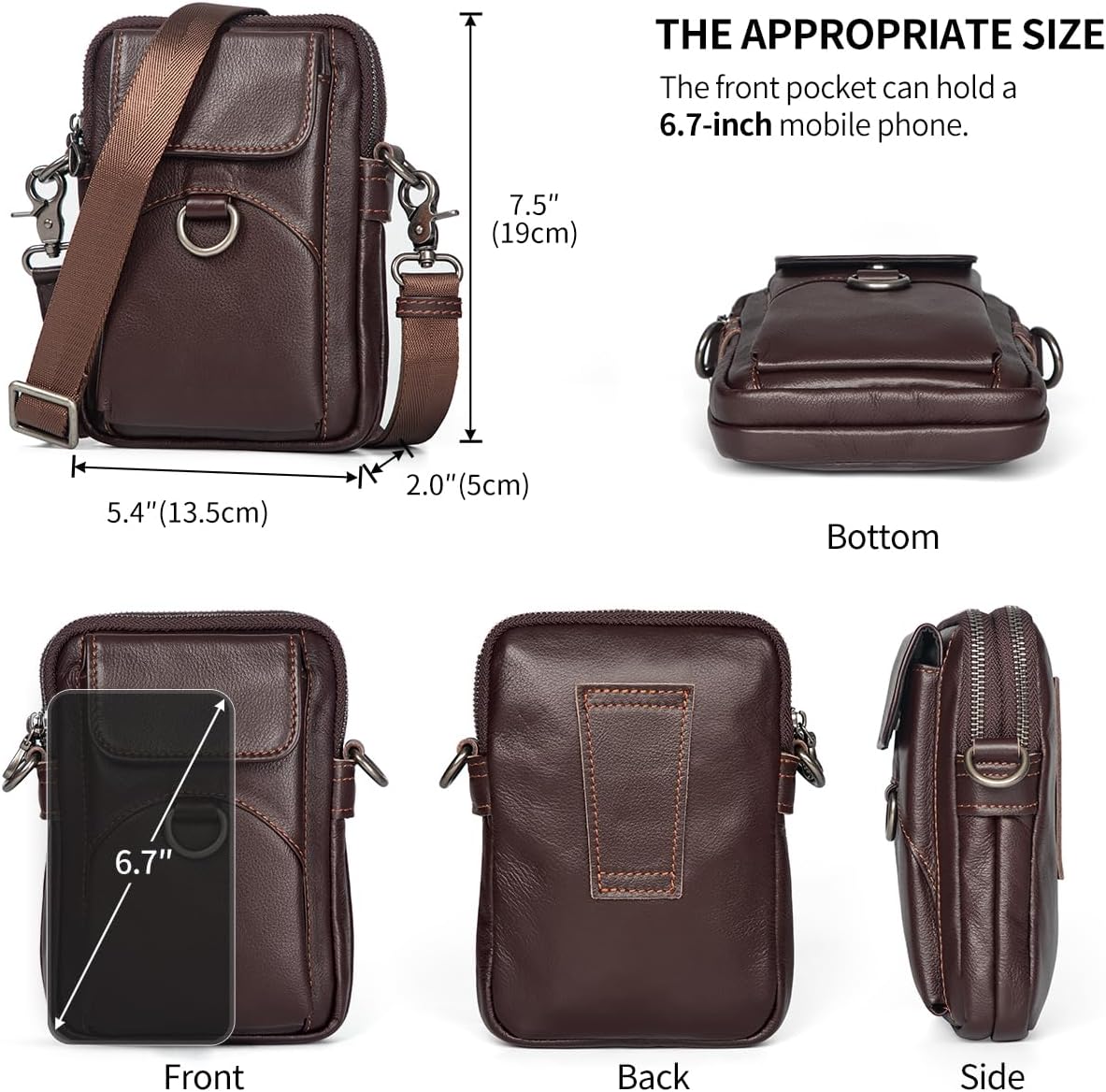 Augus Genuine Leather Small Crossbody Bag Cell Phone Messenger Purse Shoulder Waist Bag for Daily Use for Women and Men