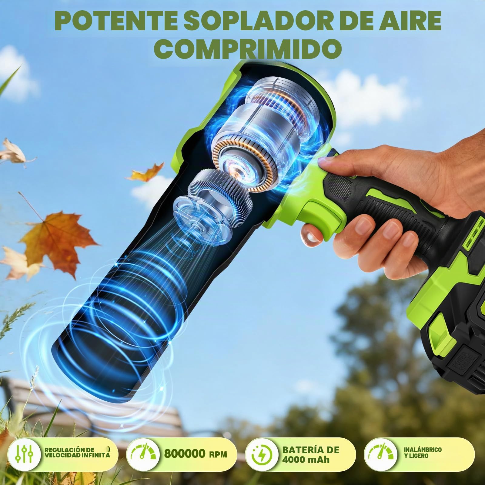 Soplador de Hojas, Soplador Turbo Jet, Soplador de Aire Potente con 2 Baterías 800000 RPM, Ideal para Jardín, Coche, Patio, Nieve y Camping, Verde