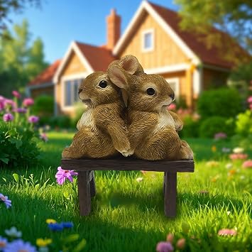 Resin Rabbits on Bench Statue - Back-to-Back Bunny Couple Figurine - Decorative Sitting Animal Sculpture for Garden Patio Shelf Desktop Decor