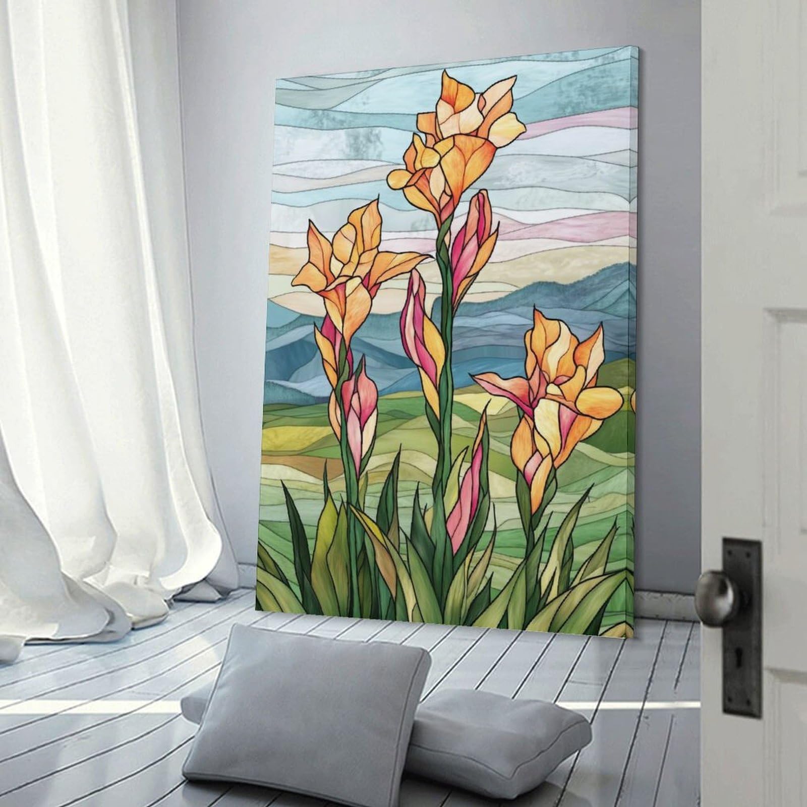 Junmoney Stained Glass Flowers Wall Picture Print 12x18inch(30x45cm), for Apartment Walls, Studios Or Work Areas, A Simple Refresh for Blank Walls