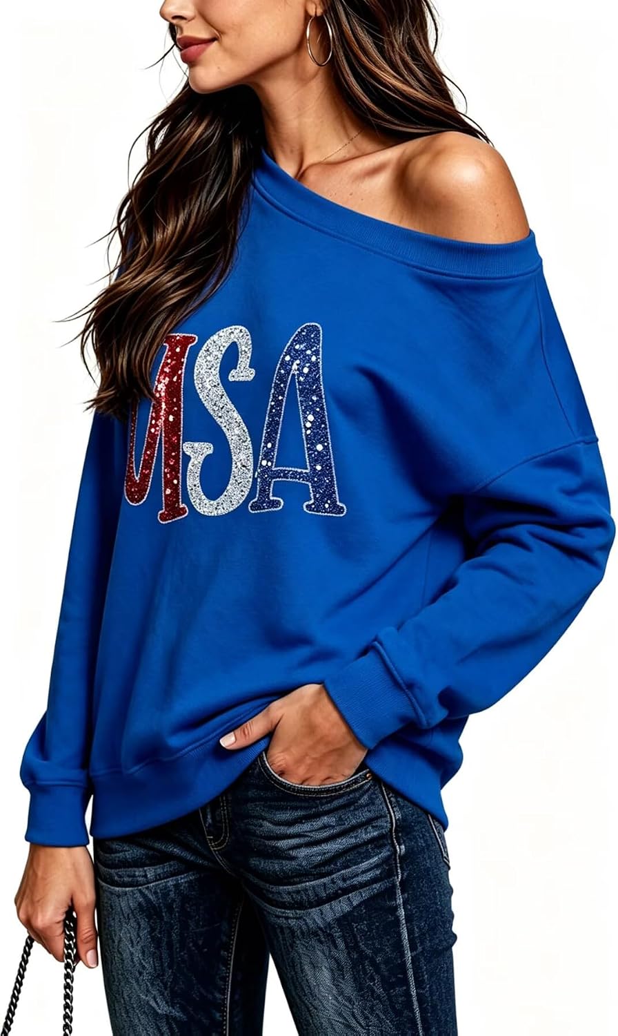 Roshop 4th of July Sweatshirt Women Off Shoulder Long Sleeve Slouchy USA Flag Patriotic Holiday Sweatshirts