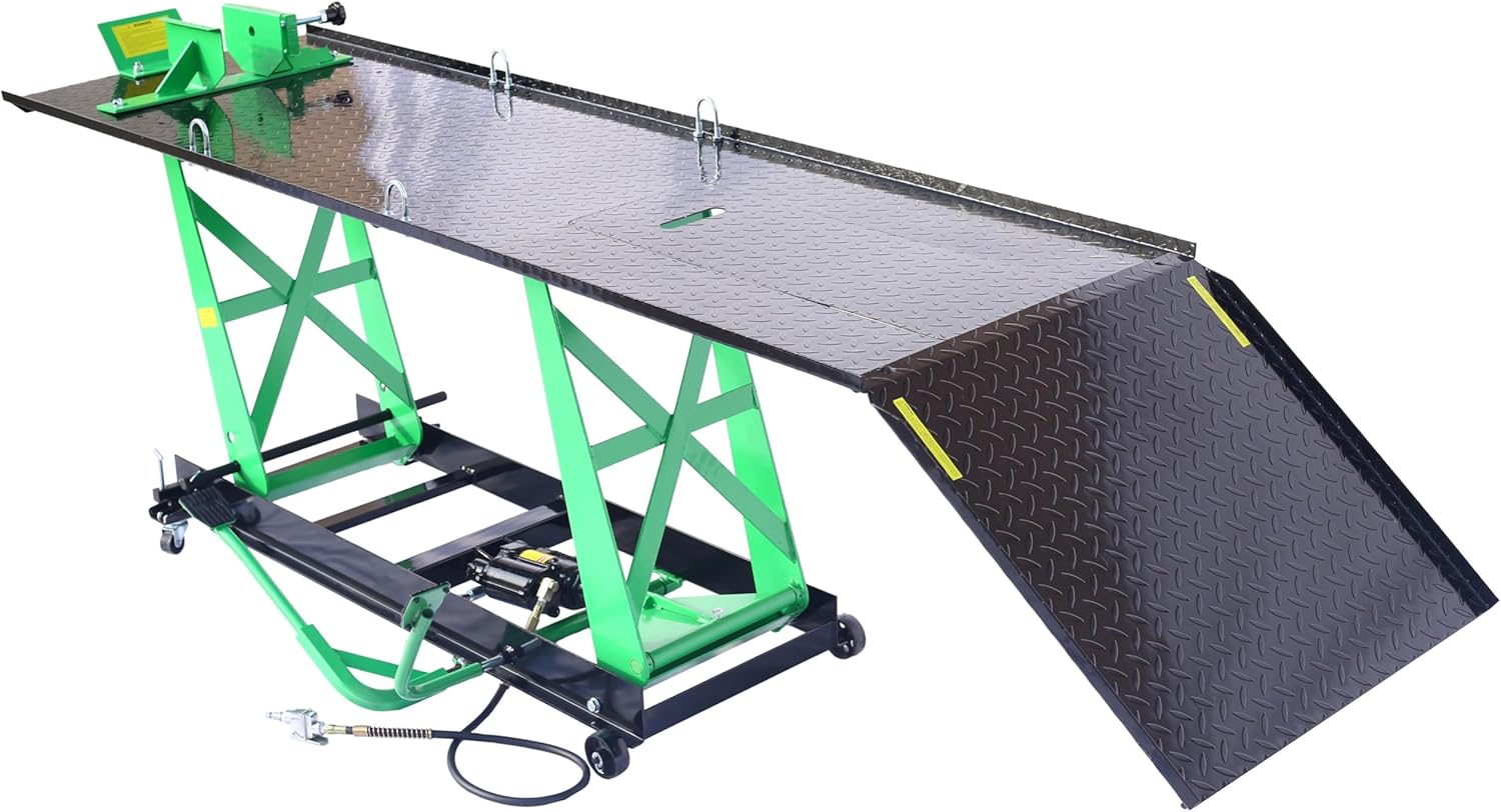 Air Hydraulic Motorcycle Lift Table 1000 Lb Capacity ATV Lift Hoist Pneumatic Jack Heavy Duty Manual Lift Ramp Removable Hydraulic Jack Stand Vehicle Repair Work Platform Green