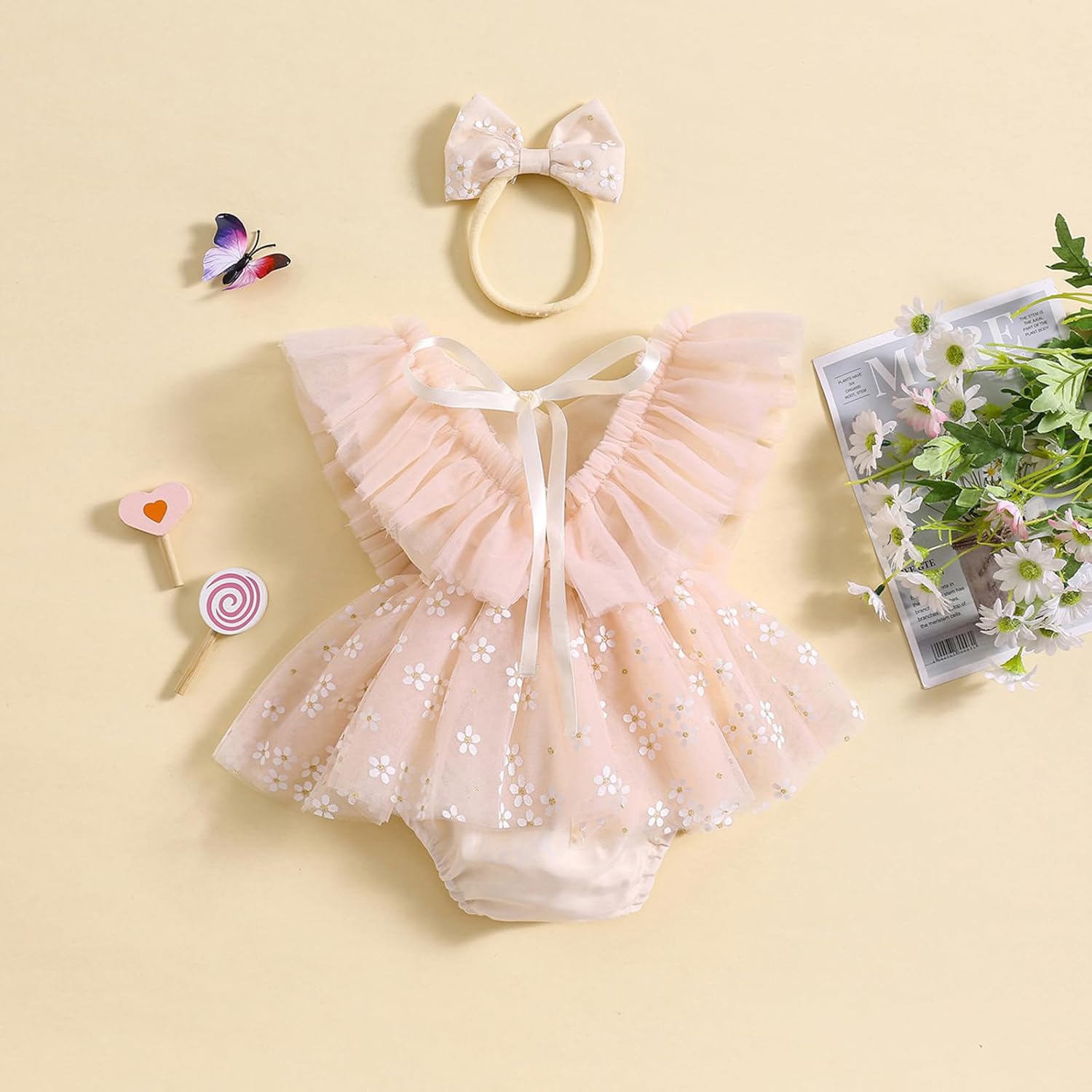 FYBITBO Newborn Baby Girl Romper Dress Floral Fly Sleeve Mesh Bodysuit Butterfly Tulle Headband Set Infant Clothes - Image 6