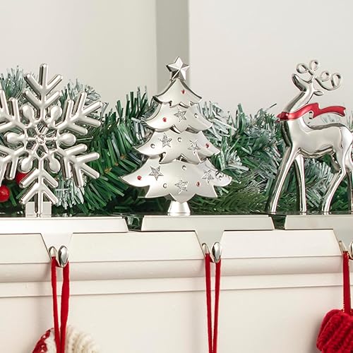 Miniatura 7 de GUOER Juego de 4 soportes de calcetines de Navidad con copos de nieve para manto, decoraciones navideñas, decoración de chimenea de Navidad,