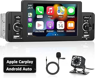 Single Din Touchscreen Car Stereo with Apple CarPlay Android Auto: 5 Inch Car Radio with Bluetooth Hands-Free FM USB Mirror Link for Android/iOS, Backup Camera + Microphone