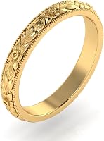UNIQUECADDESIGN 3mm Handmade Victorian Filigree Leaf Wedding Band Ring - Vintage Gold Silver Plated Engraved