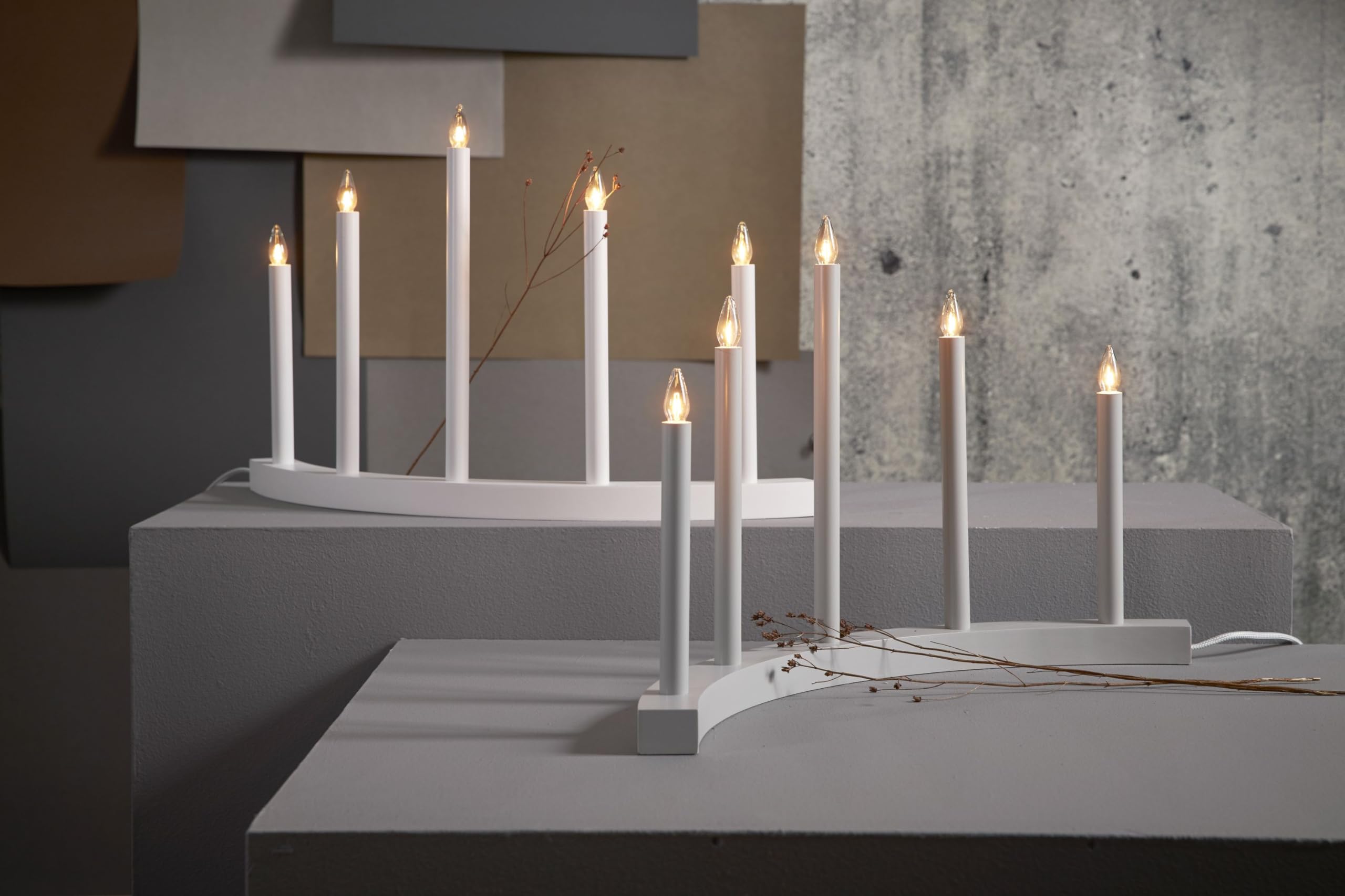 Star Trading Fensterleuchter 'Accent' 5-flammig, Elektrischer Schwibbogen Weihnachten, Holz & Metall Weiß, ca. 10 x 31 cm, Adventsleuchter Kerzenbrücke Fenster
