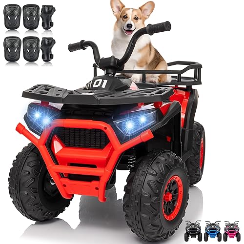 24V 4x4 Ride on Toys Car, BLISSRIDE Kids ATV Quad w/Kneepads, Bluetooth Music, LED Lights, Rear Storage Rack, Spring Suspension, Safe Soft Start&Brake, Electric 4 Wheeler for Kids Boys Girls, L Red