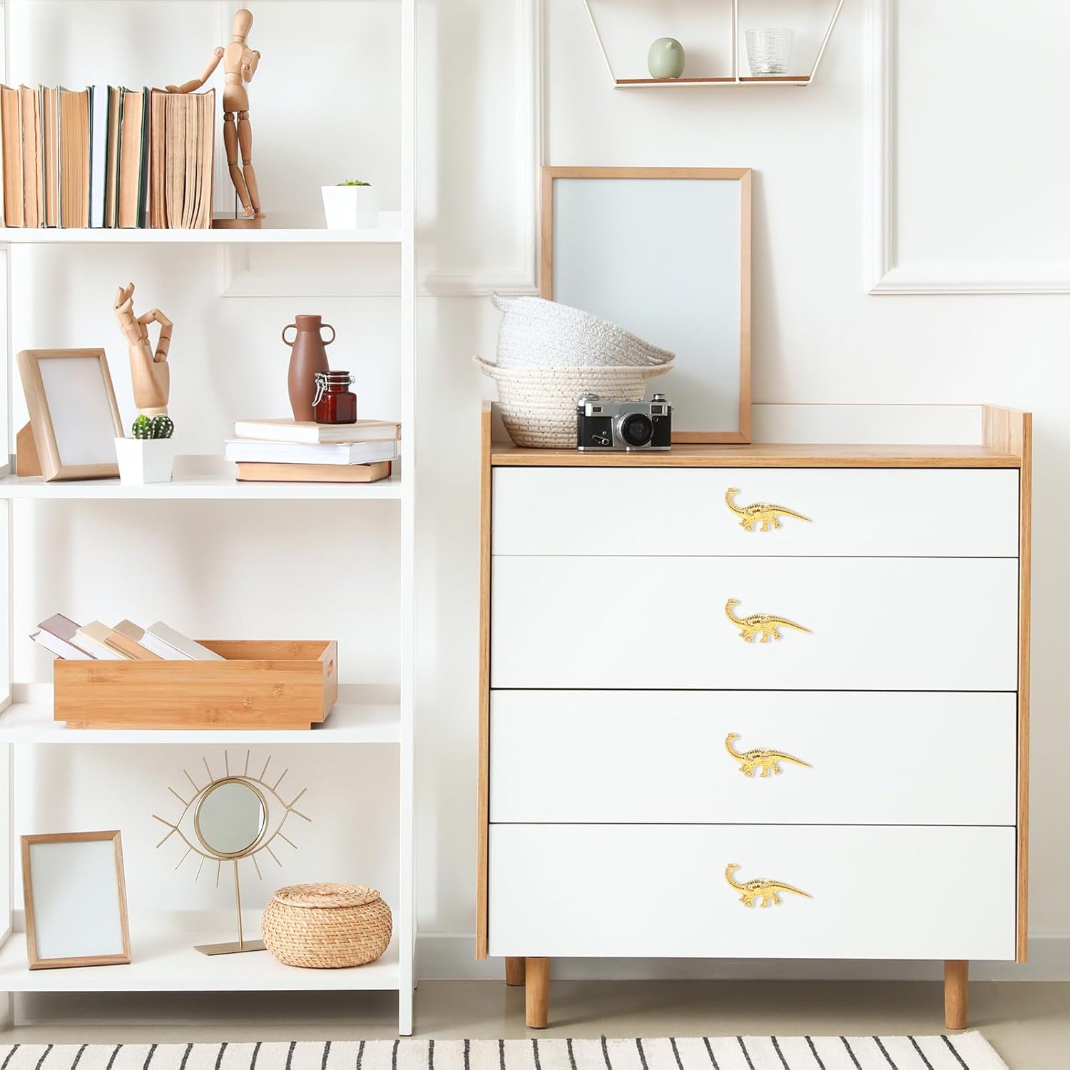 8 Pack Metal Dinosaur Knobs for Kids Furniture - 5 Dino Mix Gold Finish Drawer Pulls & Cabinet Handles, Scratch-Resistant (Assorted Styles)