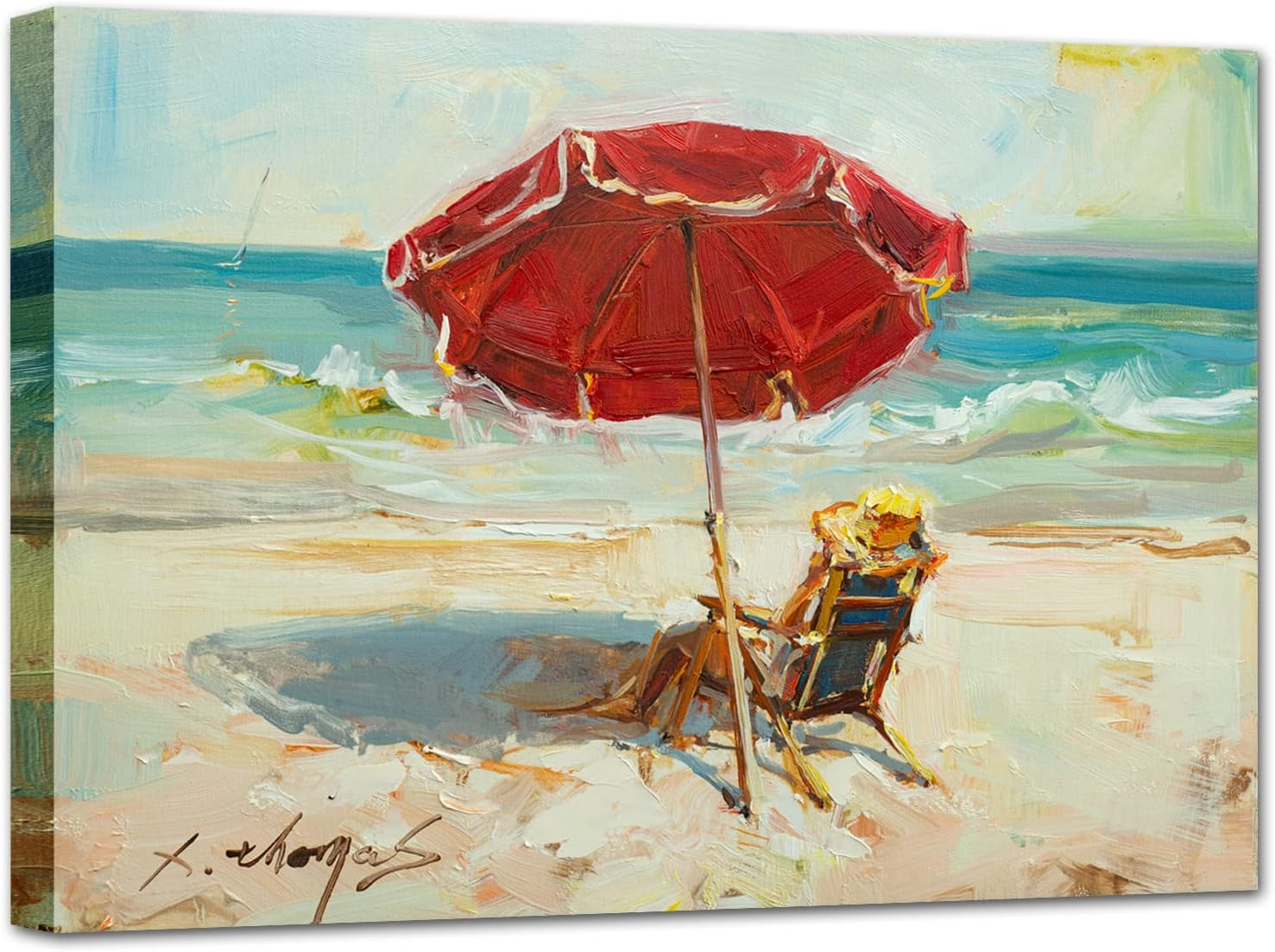 Beach Canvas Wall Art Prints Woman on Chair under Red Beach
