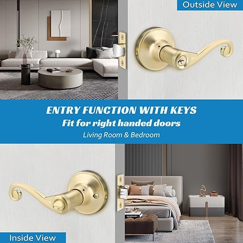 Miniatura 2 de Paquete de 1 manija de puerta dorada, manija de puerta de privacidad estilo ondulado (cerradura interior con giro del pulgar) para dormitorio, baño,