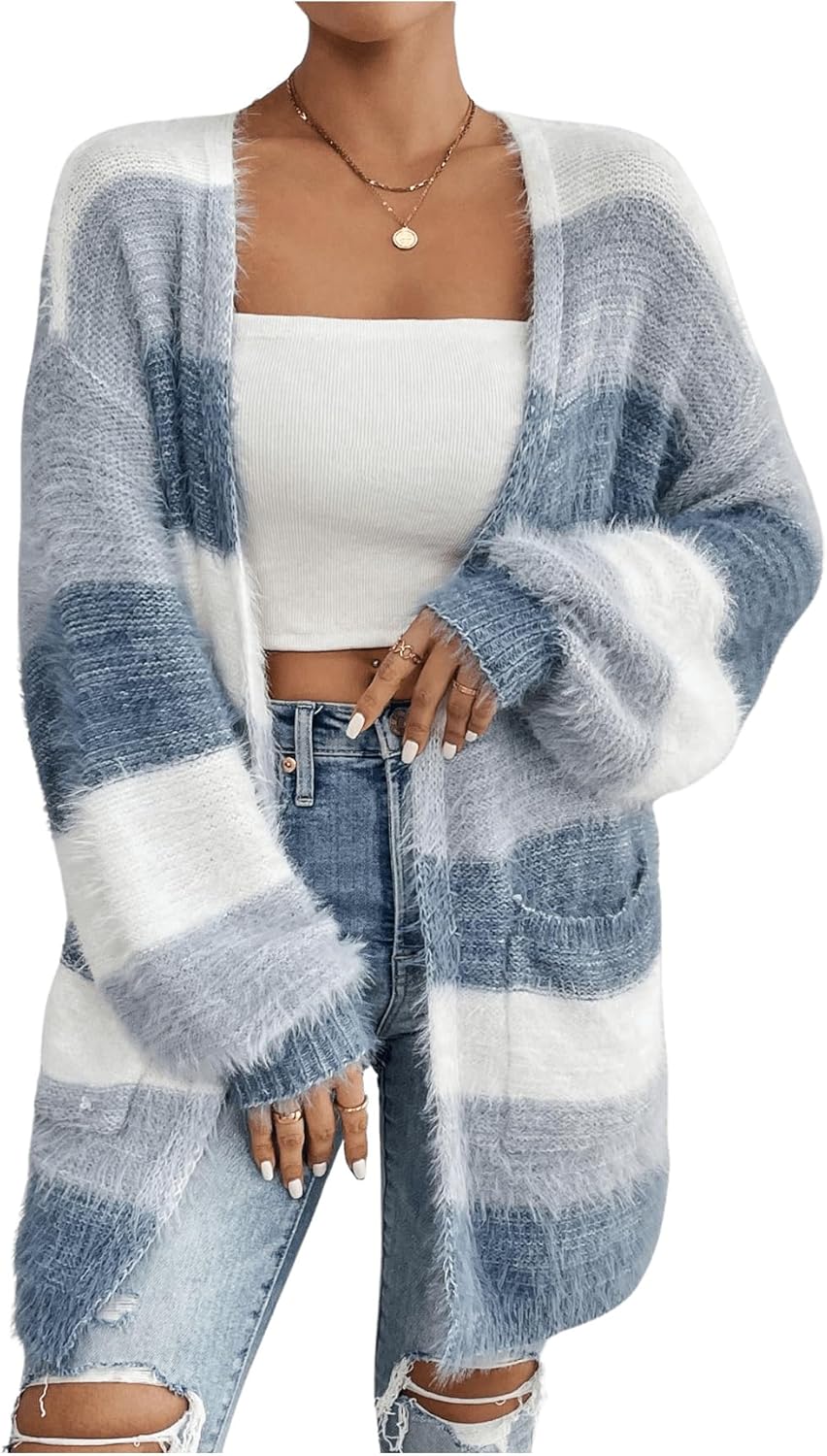 WDIRARA Women's Colorblock Fuzzy Cardigan Sweaters Open Front Long Sleeve Knit Outerwear with Pockets