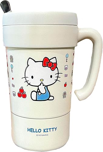 Everyday Delights Hello Kitty - Vaso aislado de acero inoxidable con tapa, popote y varilla para agitar, 19.6 fl oz (blanco)