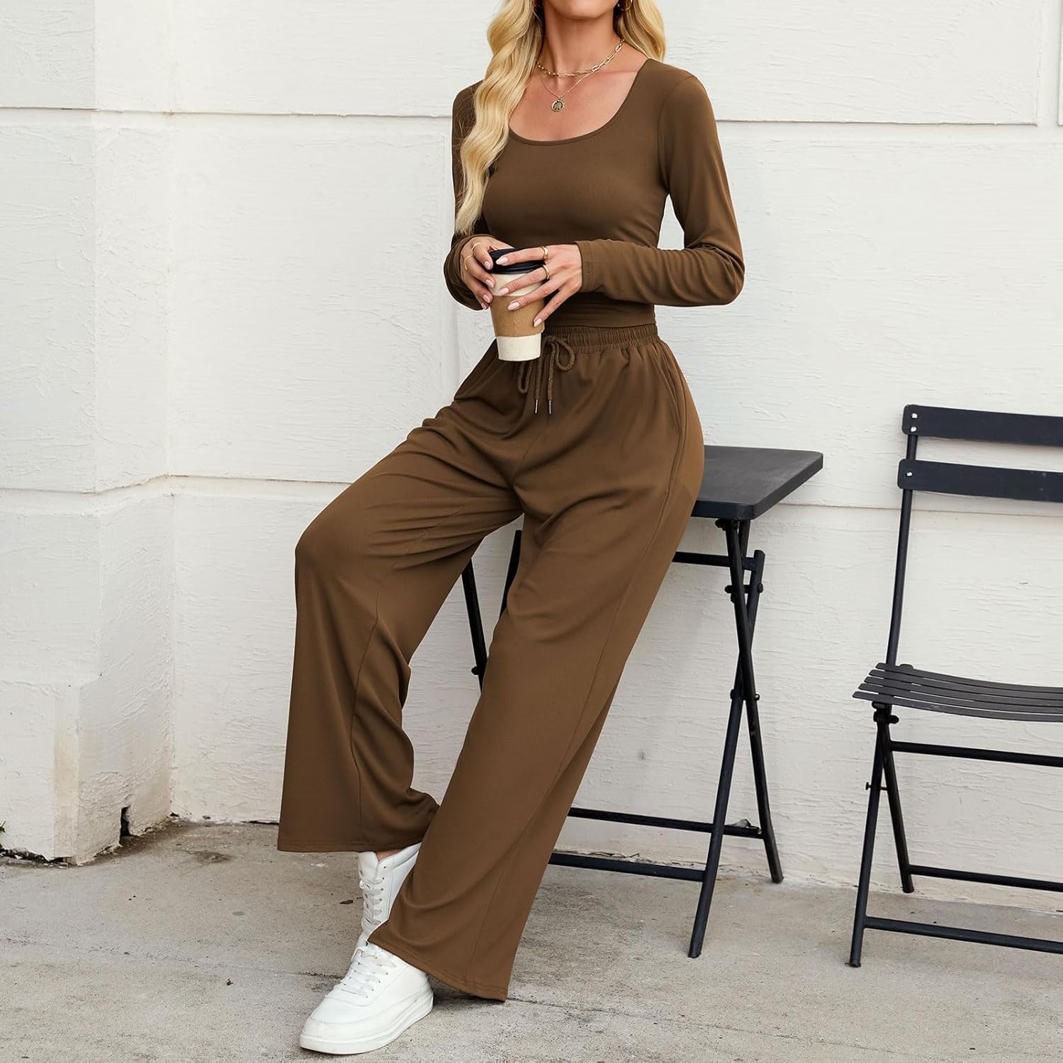 ZAFUL Women's 2 Piece Fall Outfits Set - Long Sleeve Top & Wide Leg Tracksuits Casual Lounge Matching Sets with Pockets - Image 6